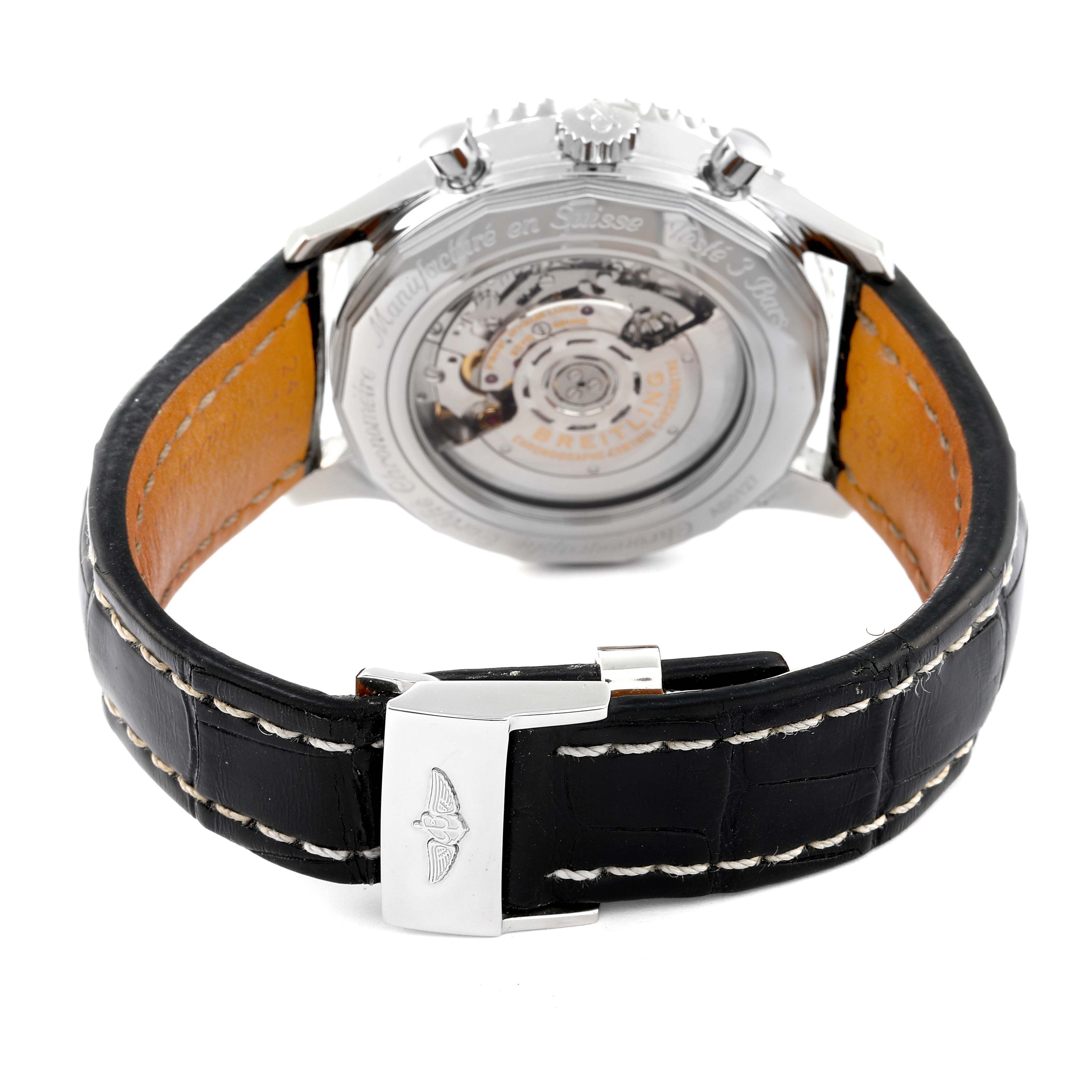The image shows the back view of a Breitling Navitimer AB0127 Men
s Stainless Steel Black Dial AB0127 Men
s Stainless Steel Black Dial watch, focusing on the exhibition case back and leather strap with a buckle.