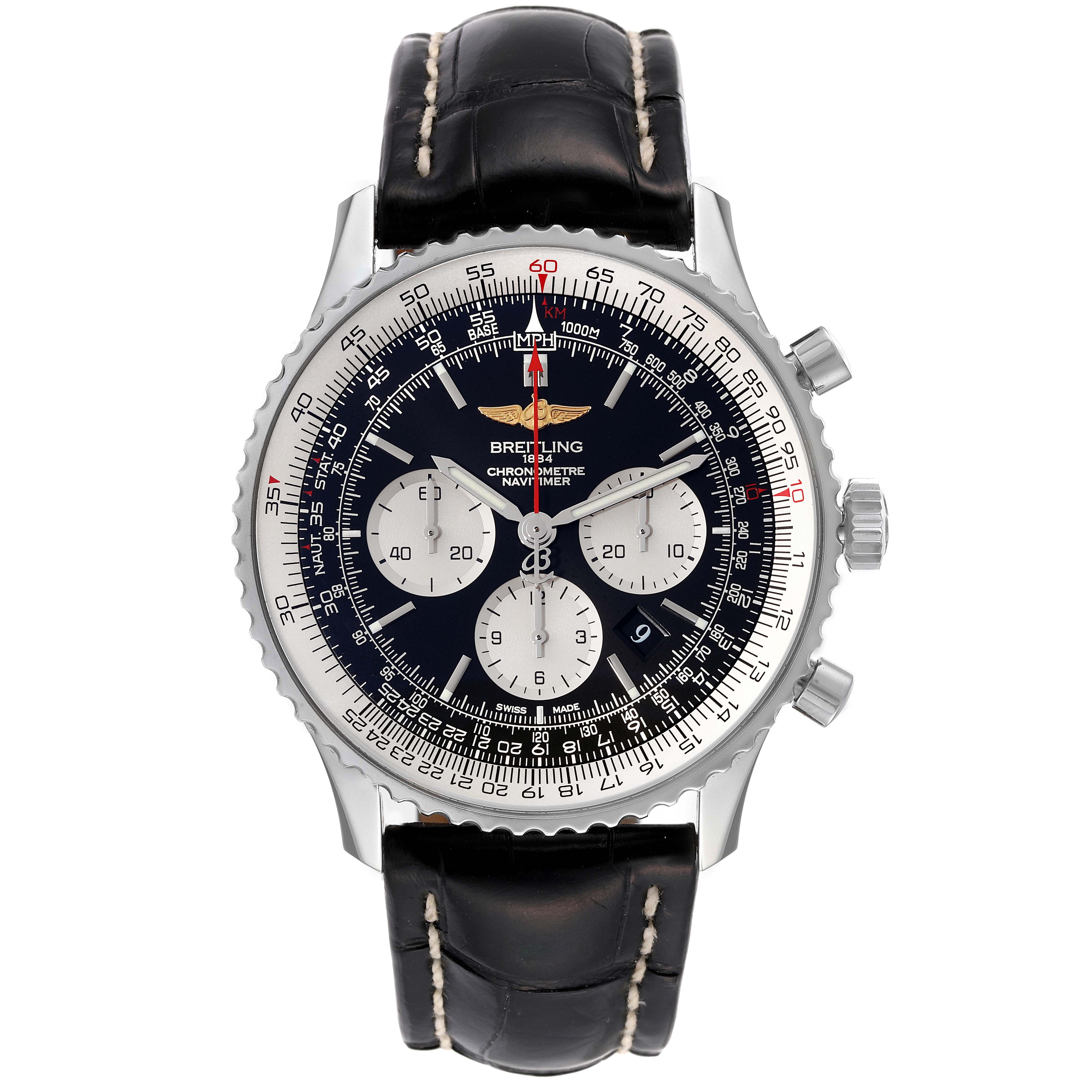 The image shows a front view of a Breitling Navitimer AB0127 Men
s Stainless Steel Black Dial AB0127 Men
s Stainless Steel Black Dial watch, displaying its dial, chronograph subdials, bezel, and leather strap.