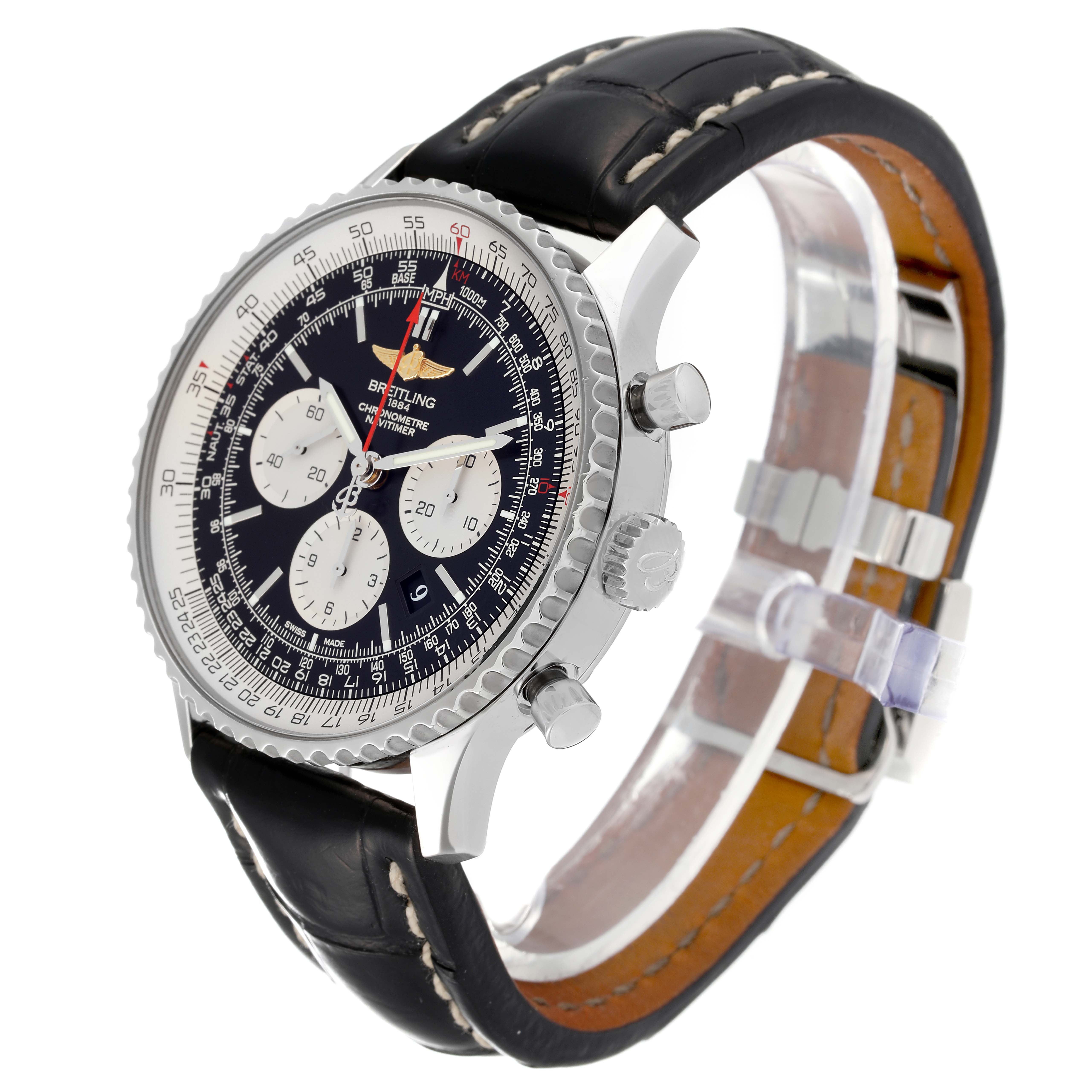 The image shows a Breitling Navitimer AB0127 Men
s Stainless Steel Black Dial AB0127 Men
s Stainless Steel Black Dial watch at a three-quarter angle, highlighting the face, bezel, pushers, and leather strap.