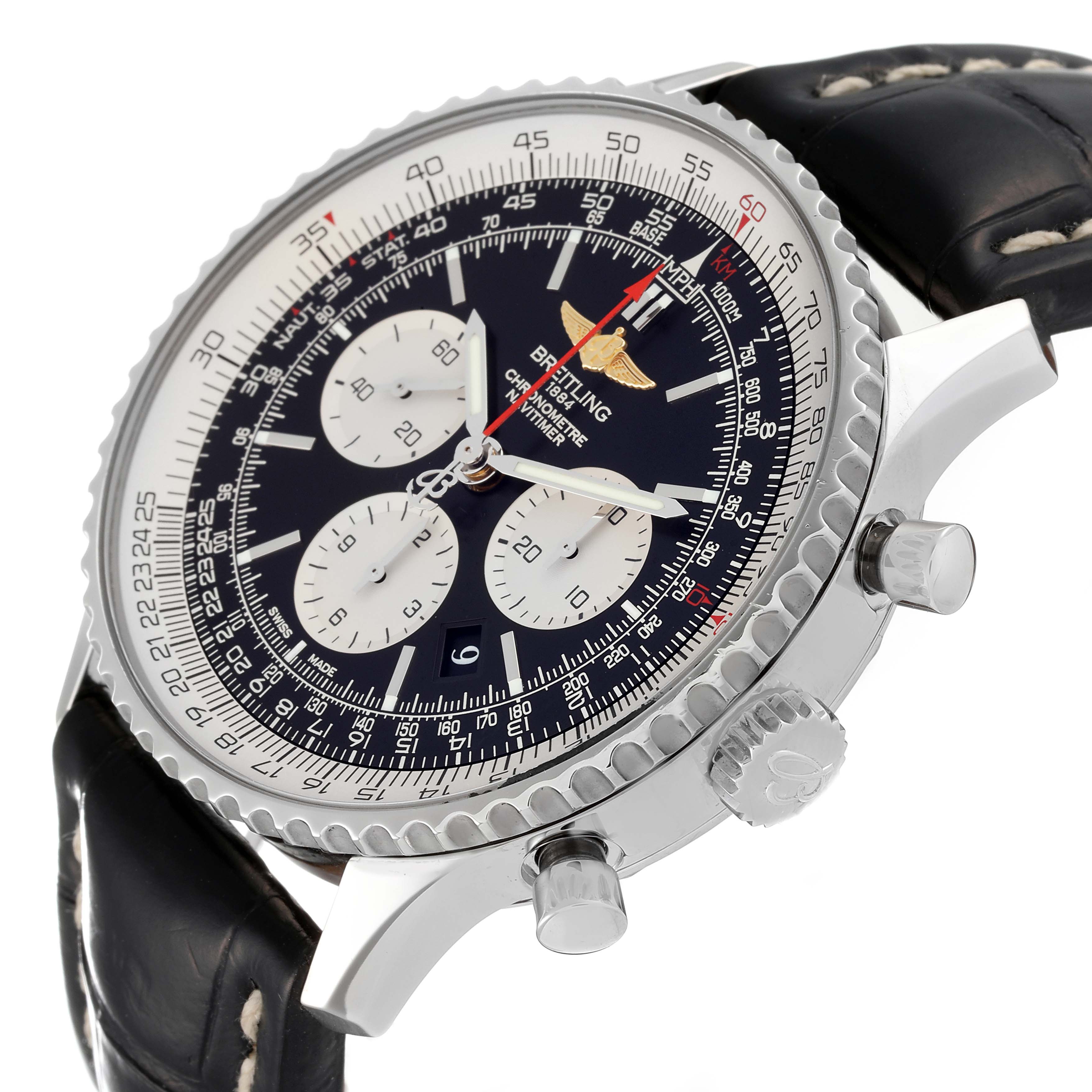 The image shows a Breitling Navitimer AB0127 Men
s Stainless Steel Black Dial AB0127 Men
s Stainless Steel Black Dial watch at a tilted side angle, displaying its face, crown, and chronograph pushers.