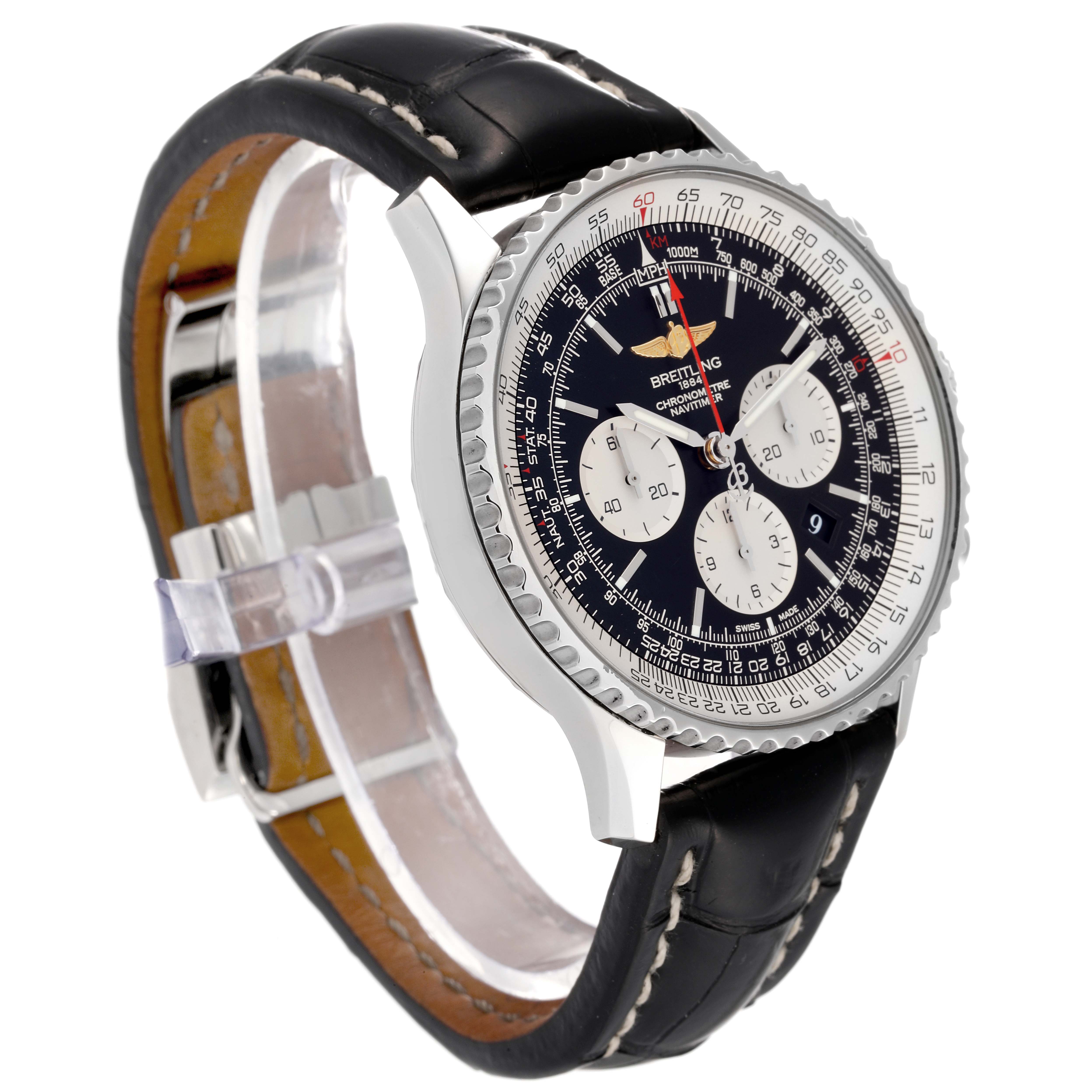 The Breitling Navitimer AB0127 Men
s Stainless Steel Black Dial AB0127 Men
s Stainless Steel Black Dial watch is shown at a slight angle emphasizing the dial, bezel, case, and leather strap.