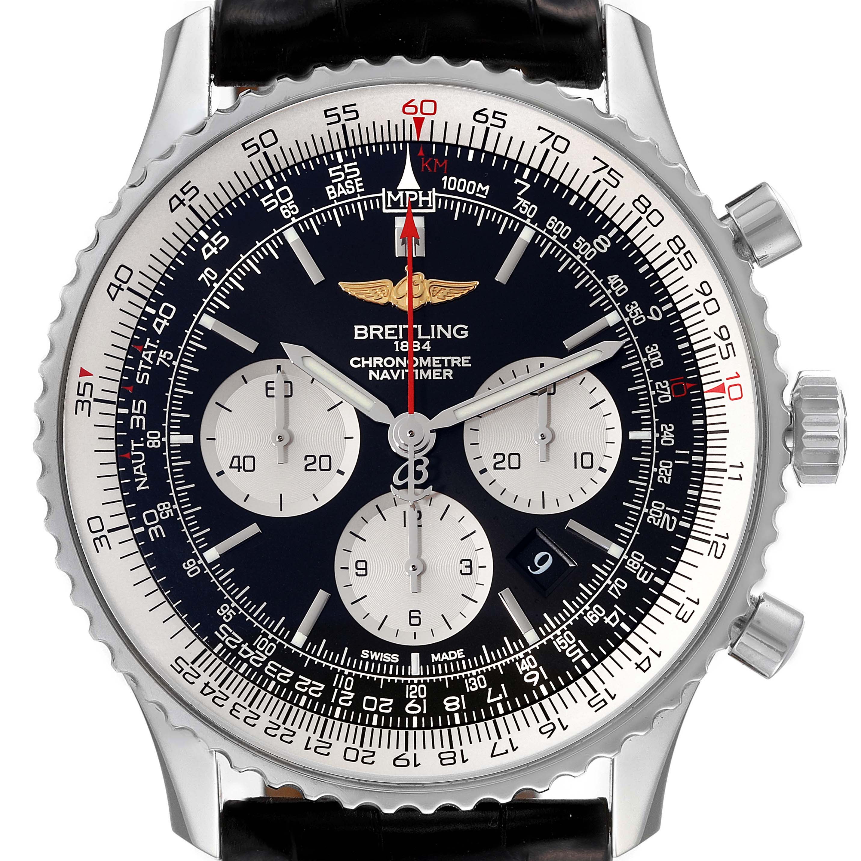 The image shows a front view of the Breitling Navitimer AB0127 Men
s Stainless Steel Black Dial AB0127 Men
s Stainless Steel Black Dial watch, highlighting its dial, chronograph subdials, and bezel.