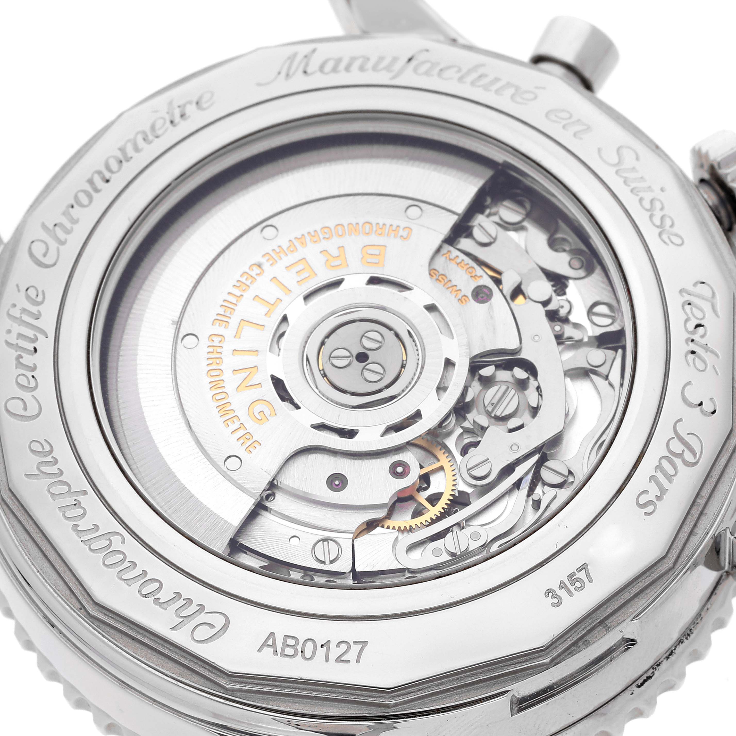 The image shows the back view of a Breitling Navitimer AB0127 Men
s Stainless Steel Black Dial AB0127 Men
s Stainless Steel Black Dial watch, displaying its intricately detailed movement and components.