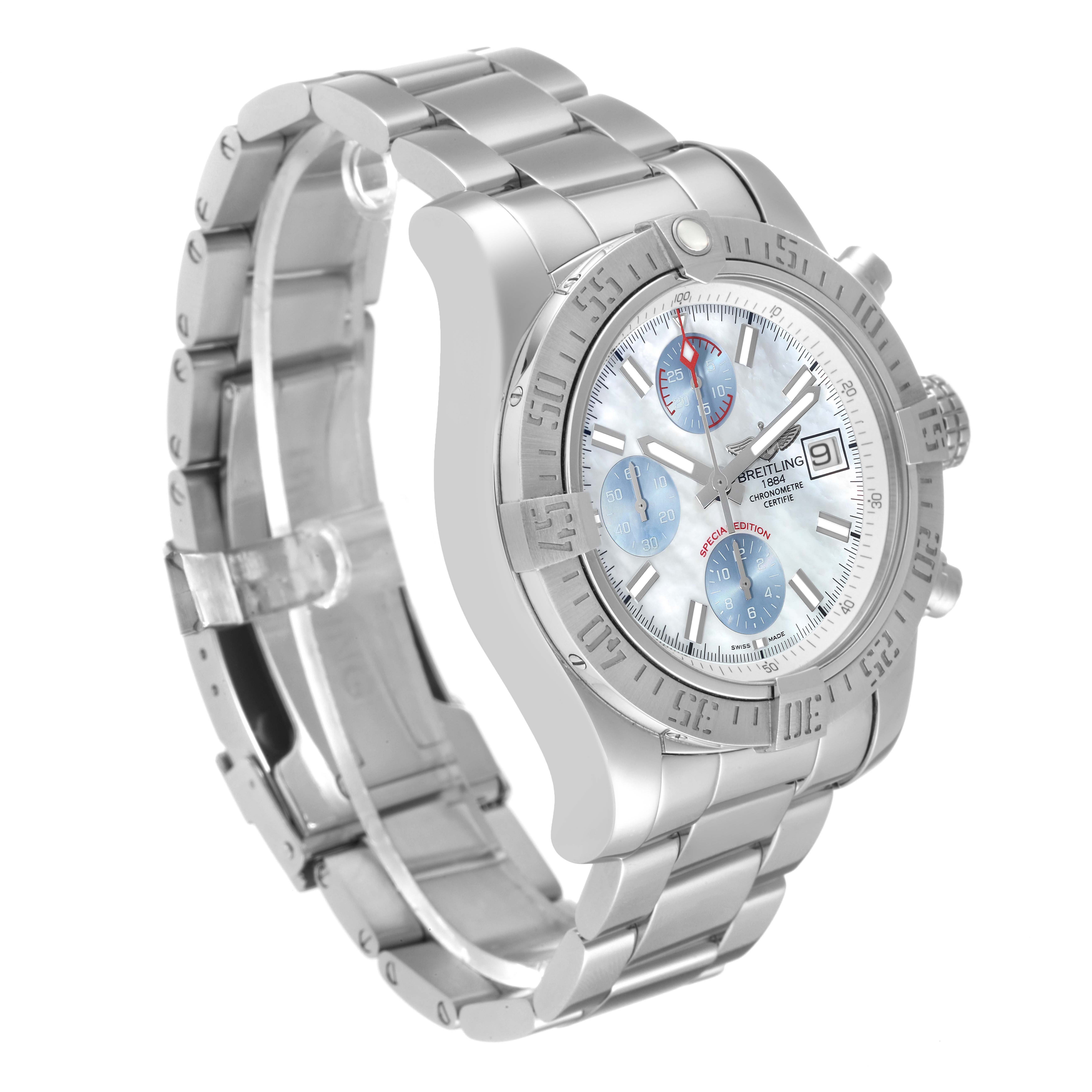 This Breitling Avenger A13381 Men's Stainless Steel Mother of Pearl Dial A13381 Men's Stainless Steel Mother of Pearl Dial model watch is shown at a slight angle, displaying the bracelet, dial, bezel, and chronograph sub-dials.