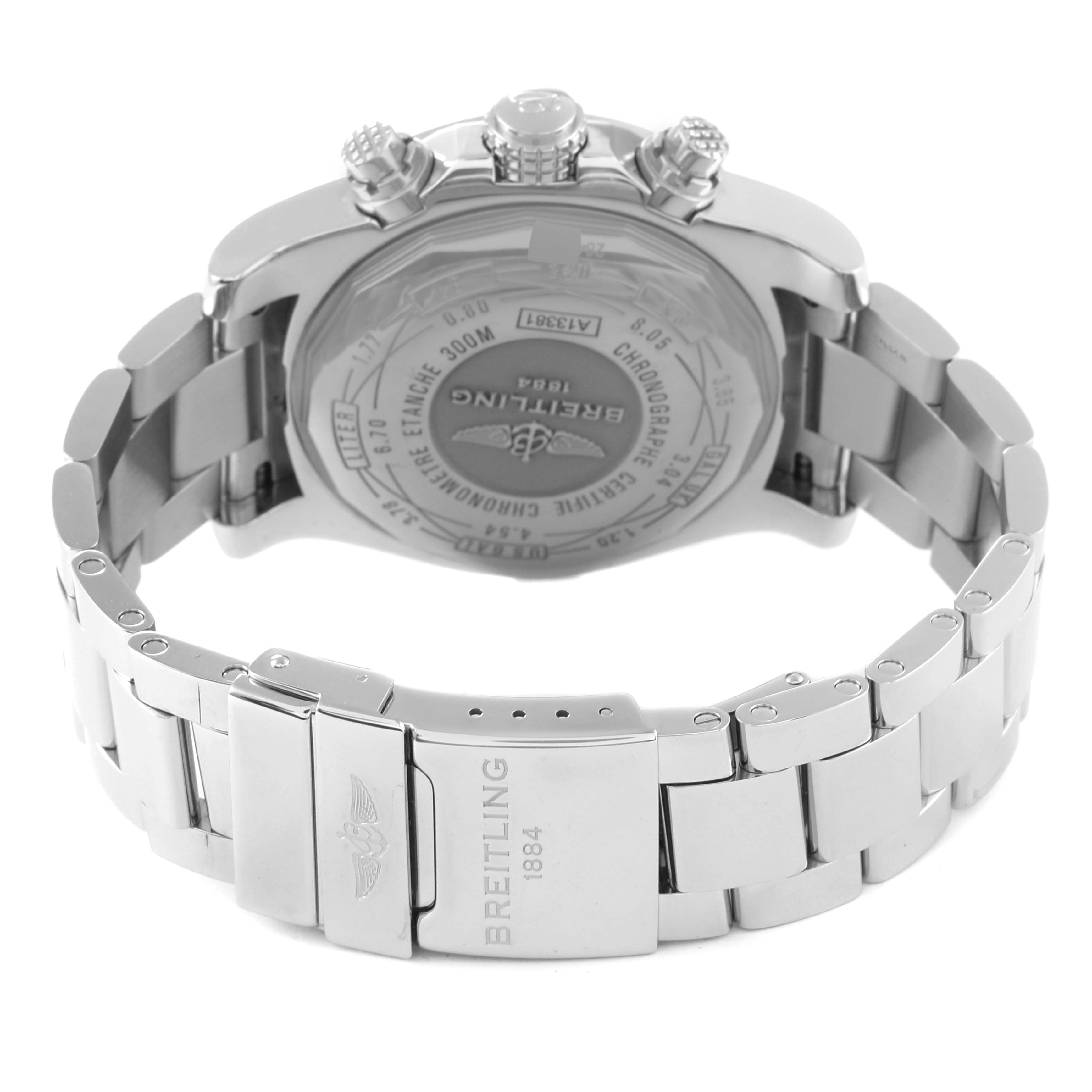 This image shows the back of the Breitling Avenger A13381 Men's Stainless Steel Mother of Pearl Dial A13381 Men's Stainless Steel Mother of Pearl Dial watch and its stainless steel bracelet with the clasp open.