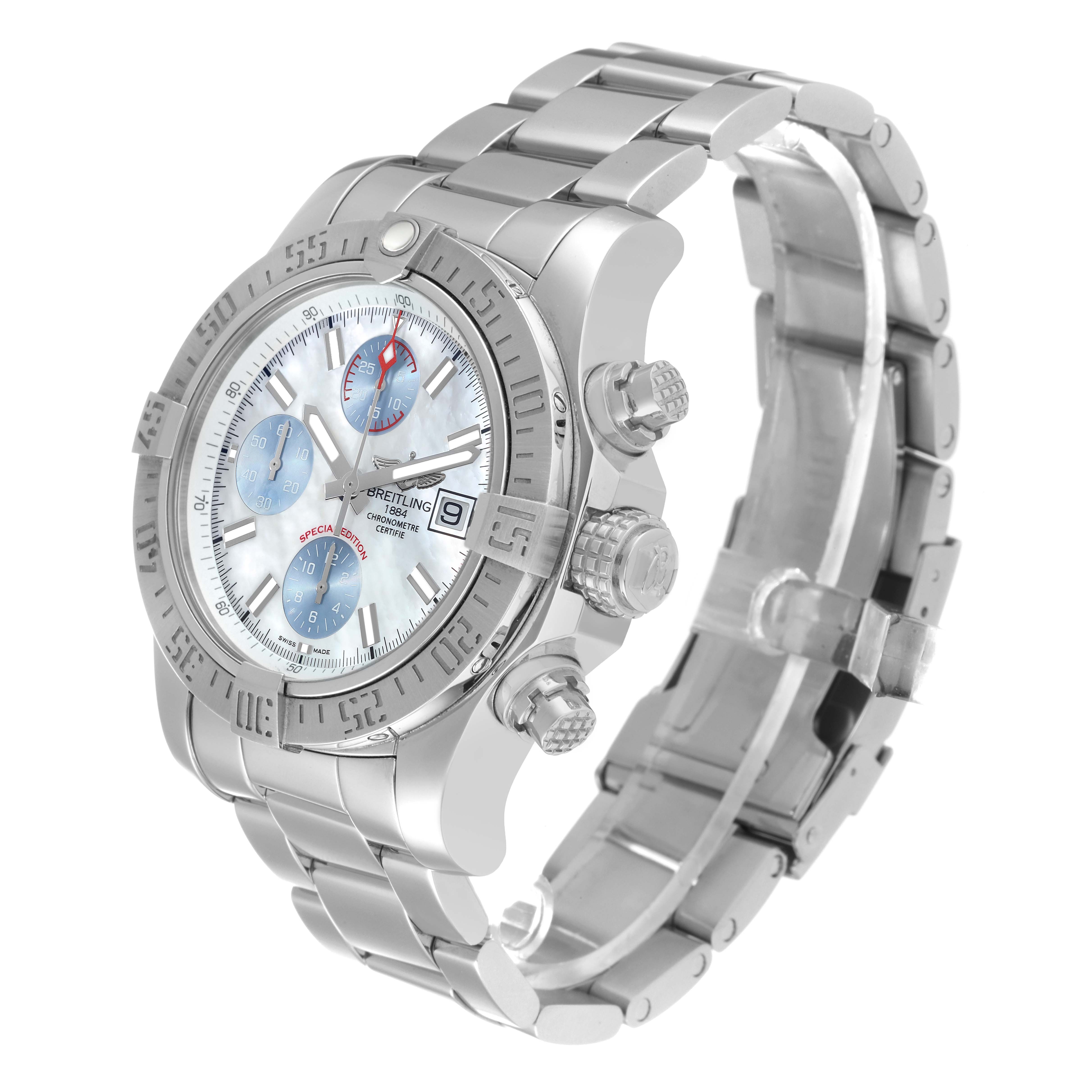 The image shows a side and front angle of the Breitling Avenger A13381 Men's Stainless Steel Mother of Pearl Dial A13381 Men's Stainless Steel Mother of Pearl Dial watch, highlighting its face, bezel, bracelet, and crown.