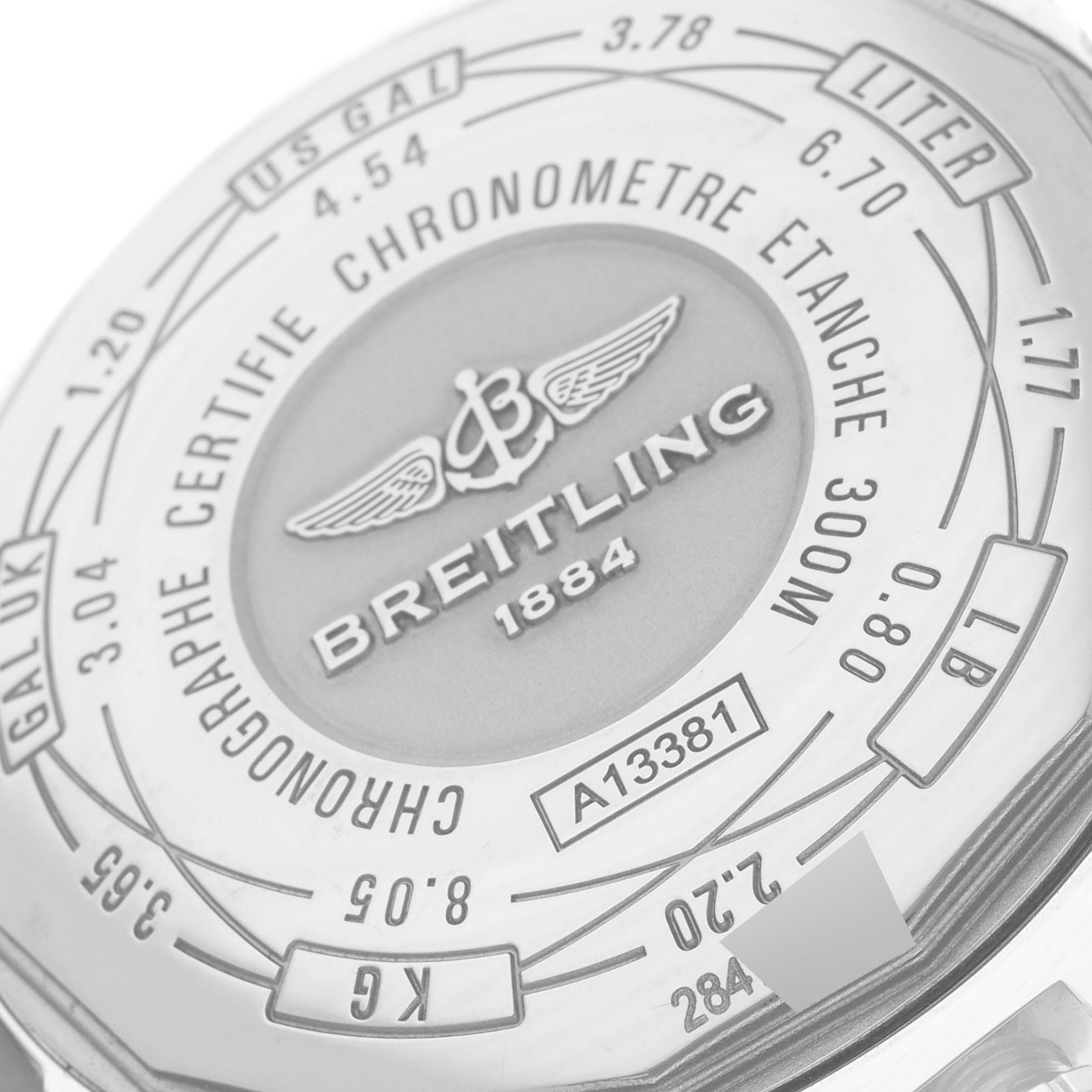 The image shows the back case of a Breitling Avenger A13381 Men's Stainless Steel Mother of Pearl Dial A13381 Men's Stainless Steel Mother of Pearl Dial watch with various measurement conversions and model information.