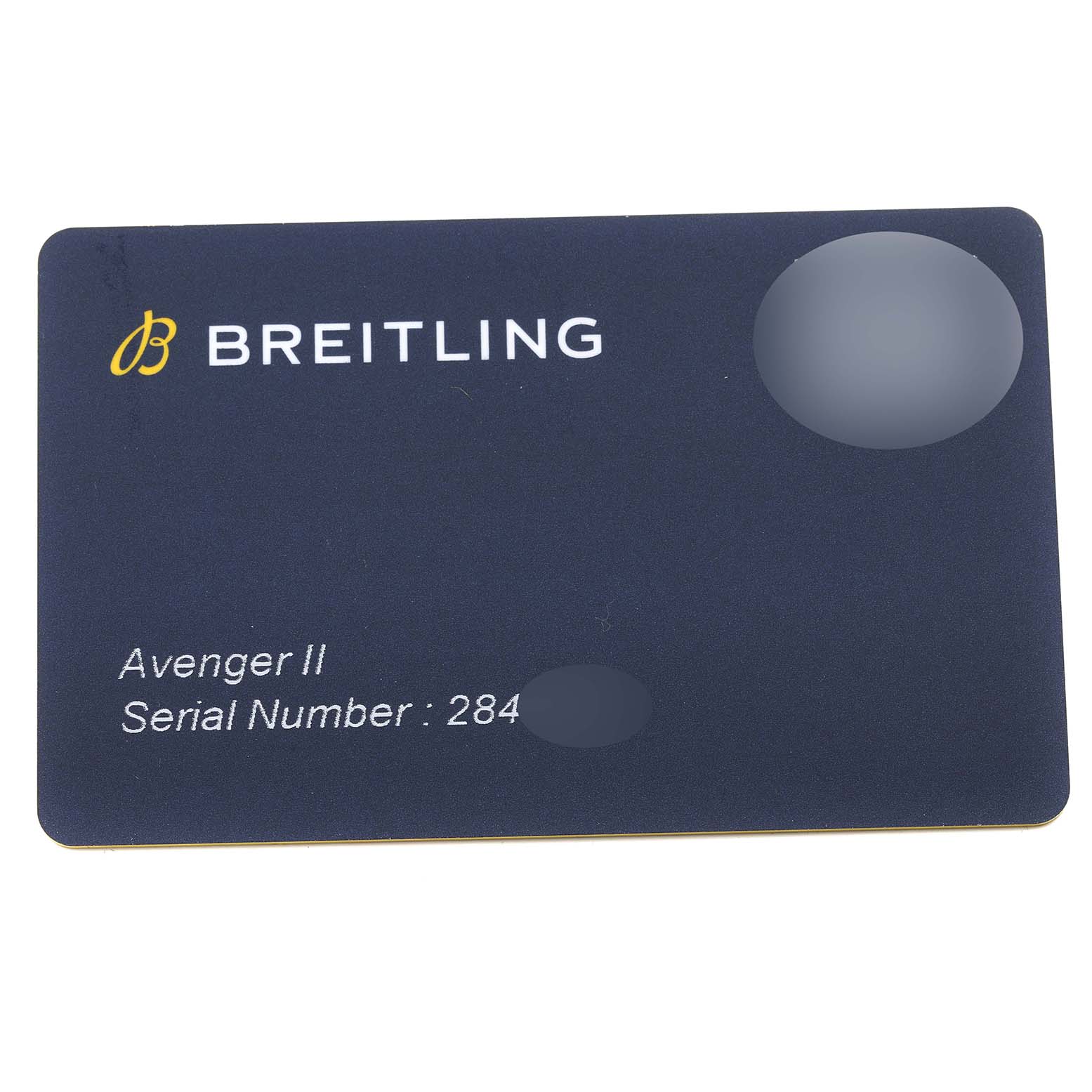 The image shows a close-up of a warranty or identification card for the Breitling Avenger A13381 Men's Stainless Steel Mother of Pearl Dial A13381 Men's Stainless Steel Mother of Pearl Dial II watch.