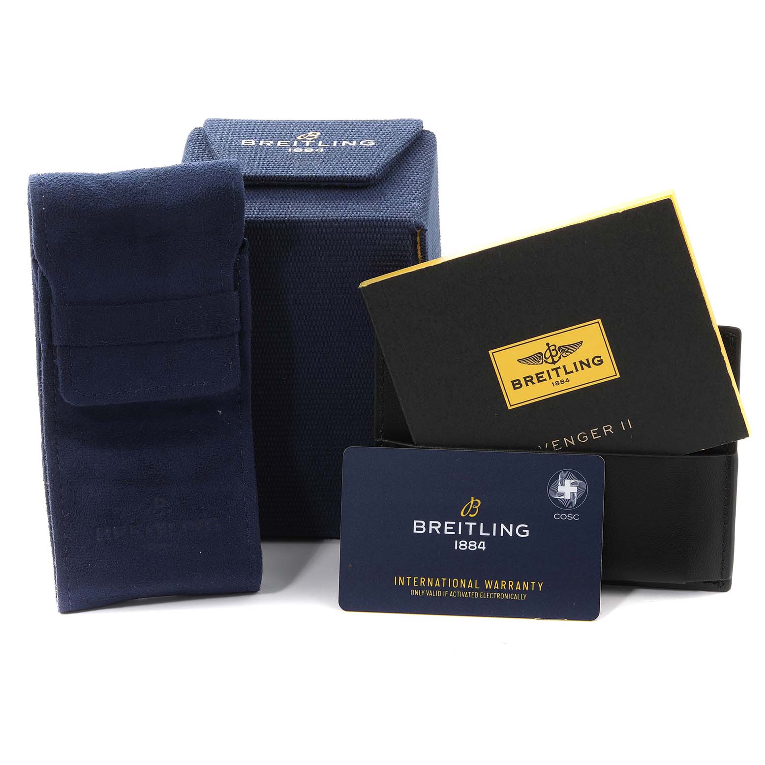 The image shows the packaging and accessories for the Breitling Avenger A13381 Men's Stainless Steel Mother of Pearl Dial A13381 Men's Stainless Steel Mother of Pearl Dial watch, including a box, pouch, manual, and warranty card.