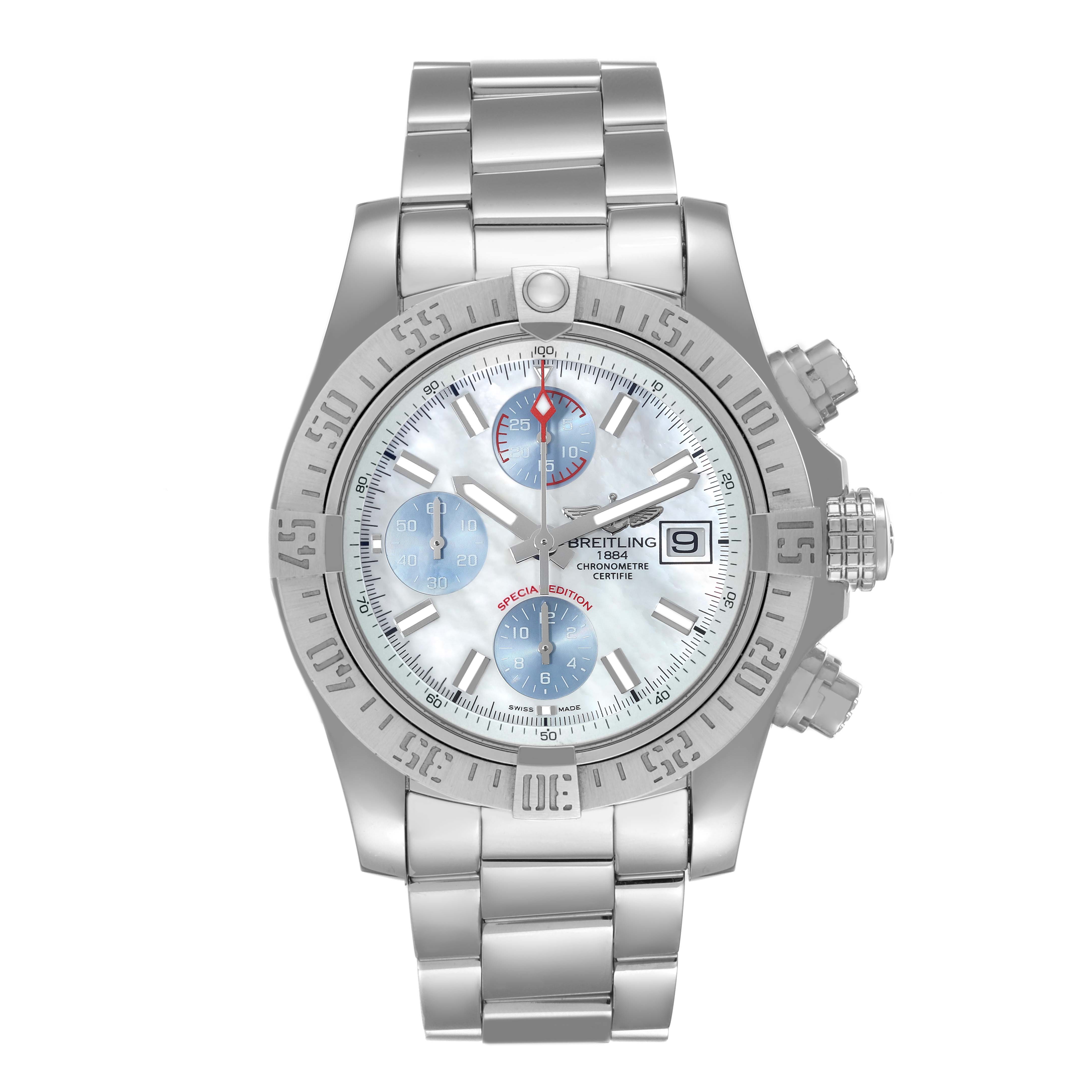 This image shows a front view of a Breitling Avenger A13381 Men's Stainless Steel Mother of Pearl Dial A13381 Men's Stainless Steel Mother of Pearl Dial watch with its face, bezel, and stainless steel bracelet visible.