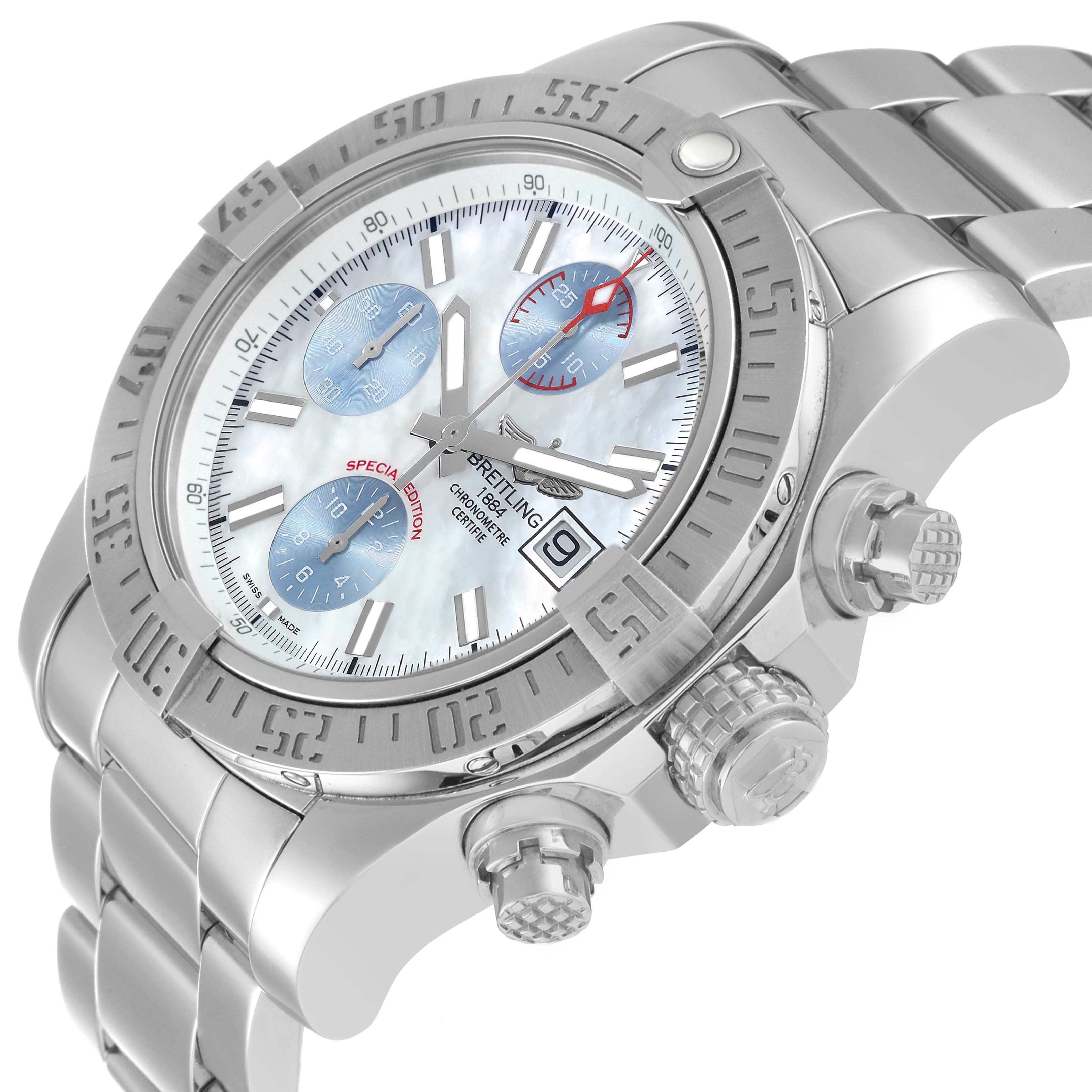 The image shows a close-up angled view of the Breitling Avenger A13381 Men's Stainless Steel Mother of Pearl Dial A13381 Men's Stainless Steel Mother of Pearl Dial watch, highlighting the face, bezel, chronograph dials, crown, and bracelet.
