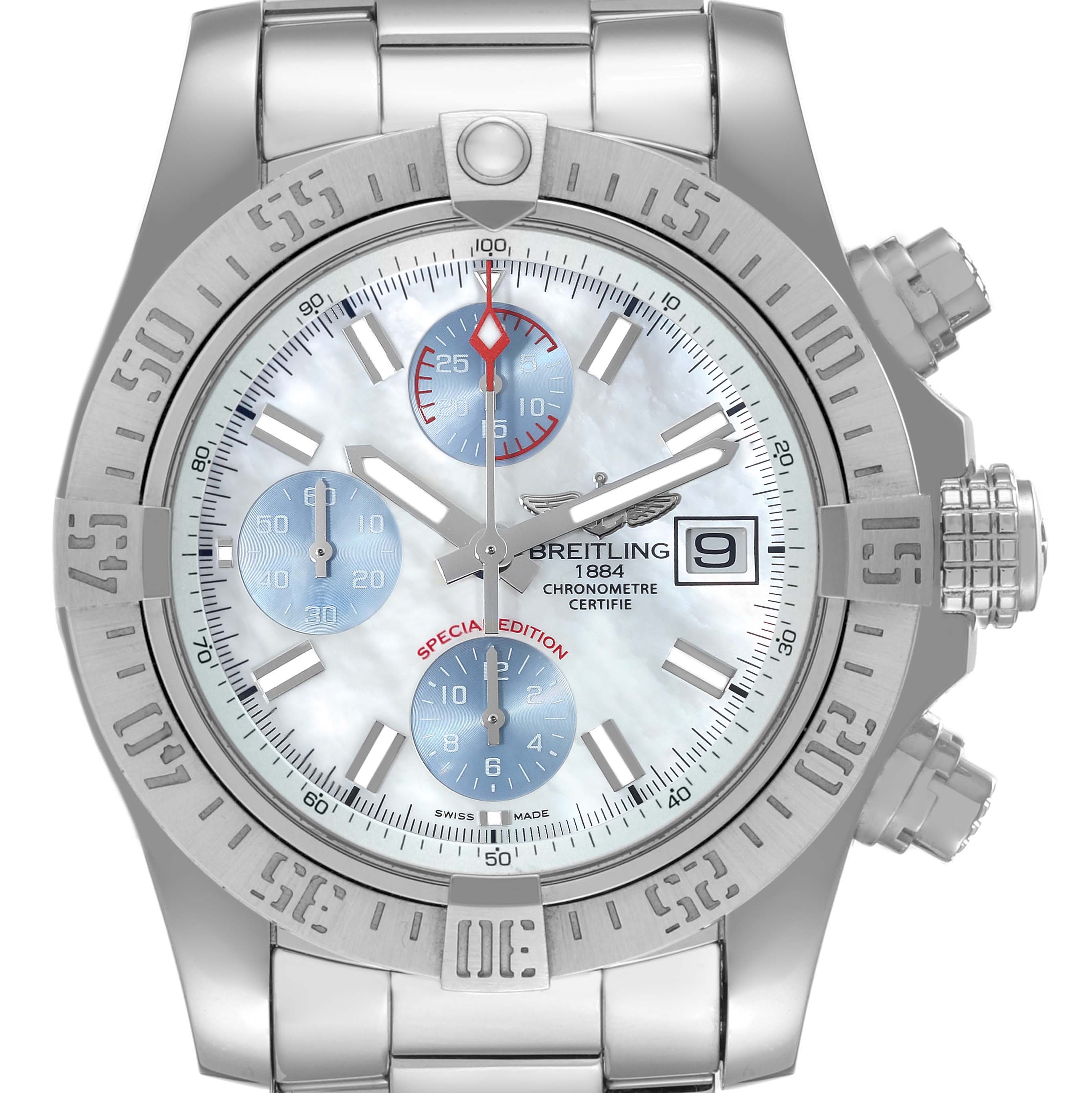 The image shows a front view of the Breitling Avenger A13381 Men's Stainless Steel Mother of Pearl Dial A13381 Men's Stainless Steel Mother of Pearl Dial watch, highlighting its dial, bezel, subdials, and date function.