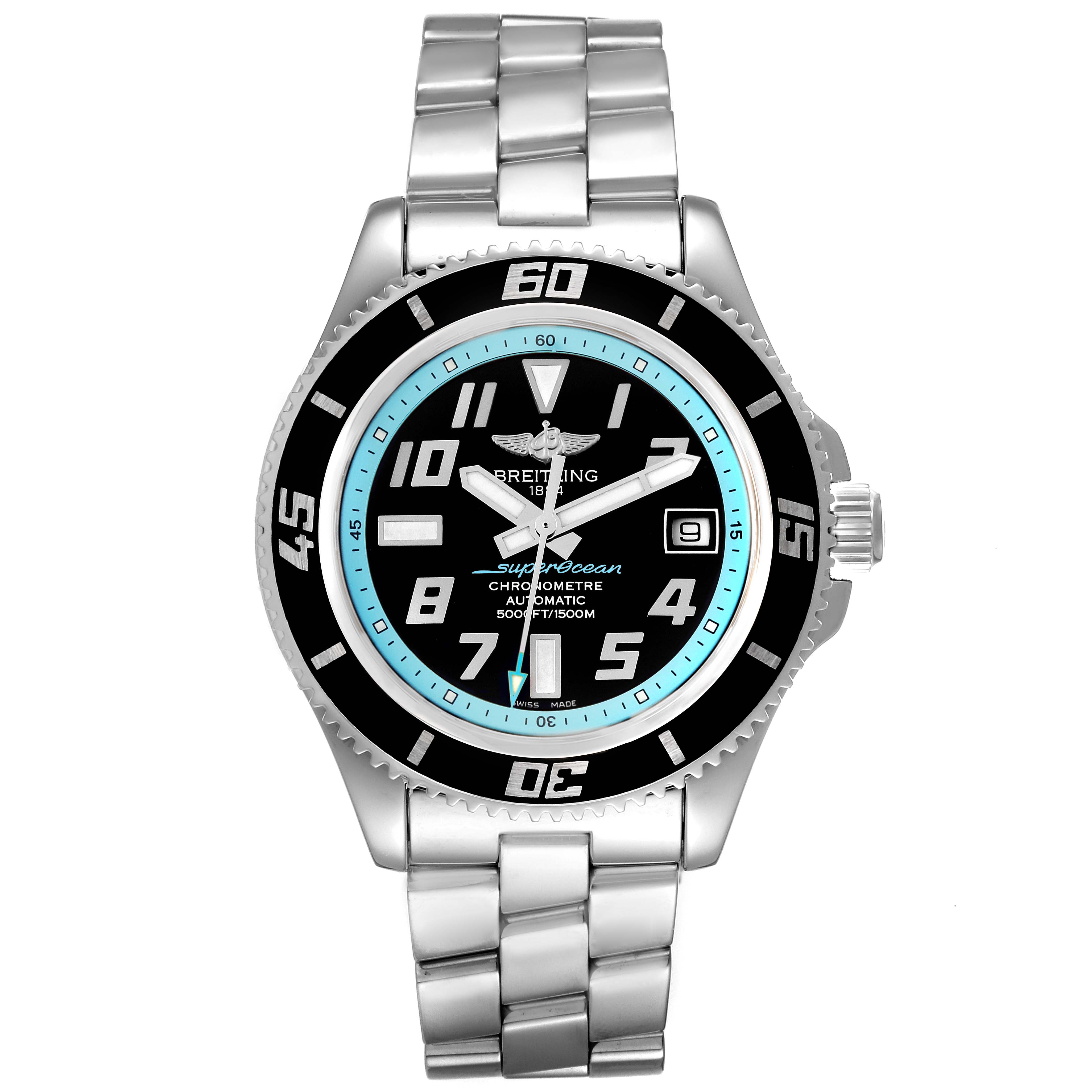 This image shows a frontal view of the Breitling Superocean A17364 Men's Stainless Steel Black Dial A17364 Men's Stainless Steel Black Dial watch, highlighting its face, bezel, and stainless steel band.