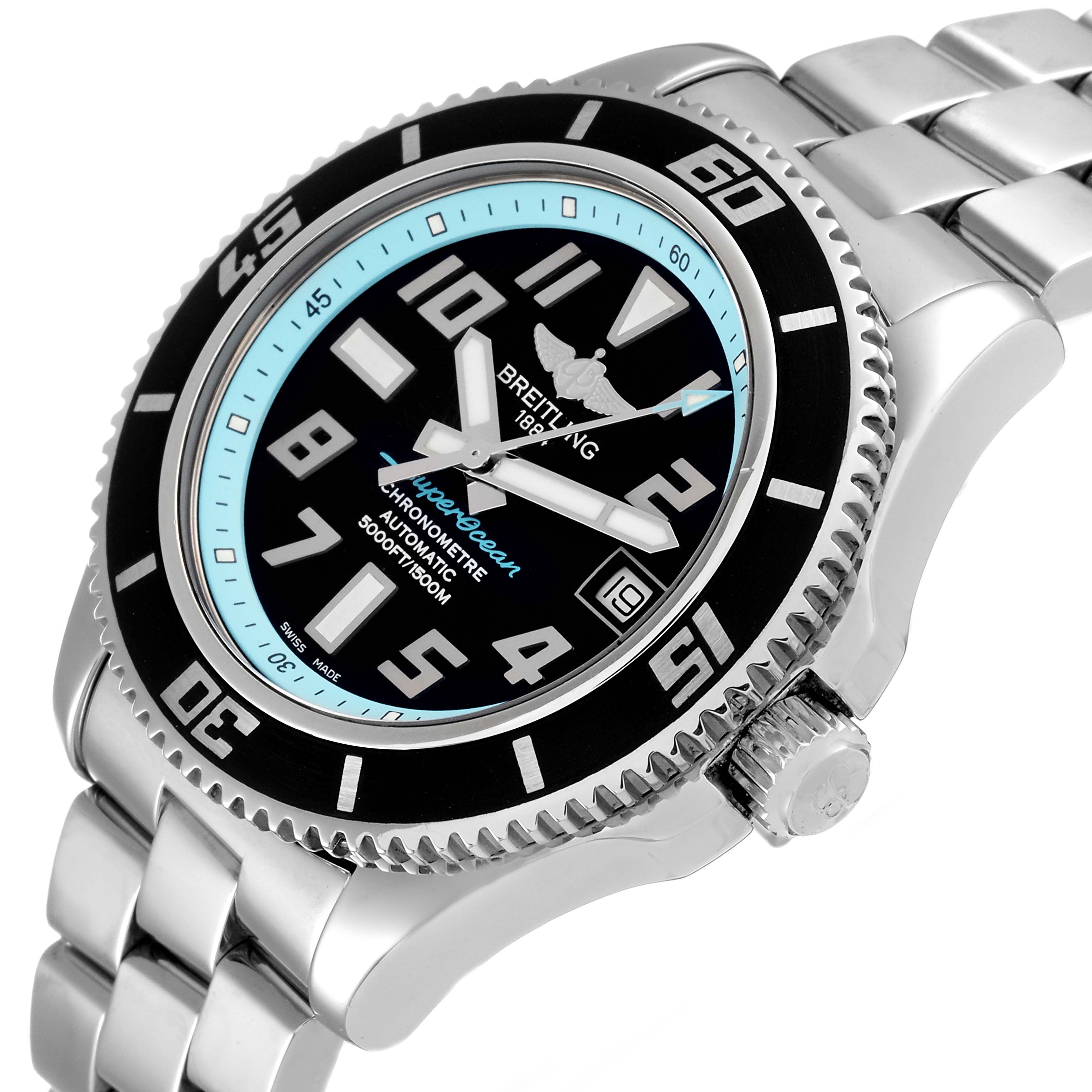 The image shows a Breitling Superocean A17364 Men's Stainless Steel Black Dial A17364 Men's Stainless Steel Black Dial watch at an angle revealing the face, bezel, crown, and part of the bracelet.
