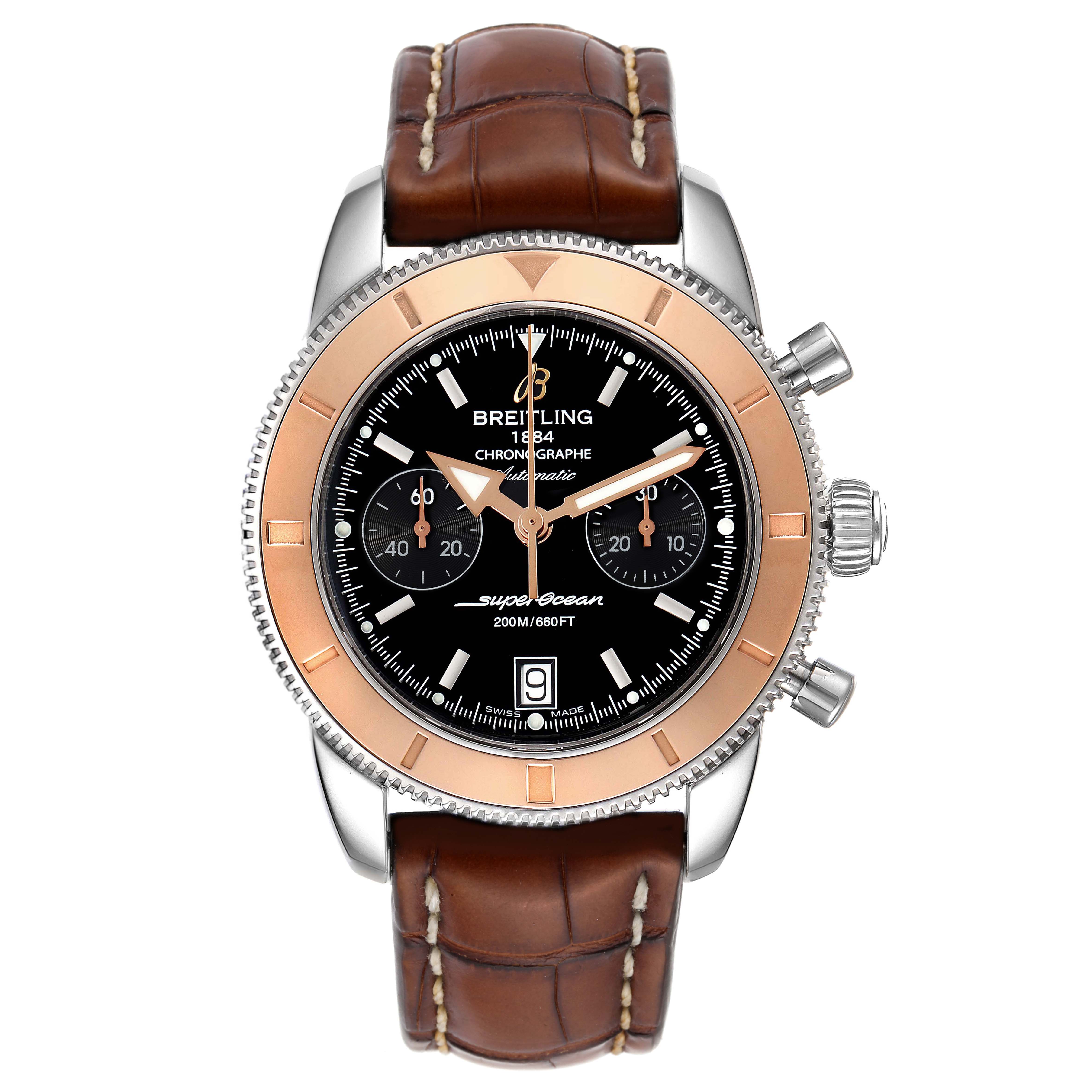 The image shows a front view of a Breitling Superocean U23370 Men's Steel and Gold (two tone) Black Dial U23370 Men's Steel and Gold (two tone) Black Dial Chronographe with a brown leather strap and a two-tone bezel.