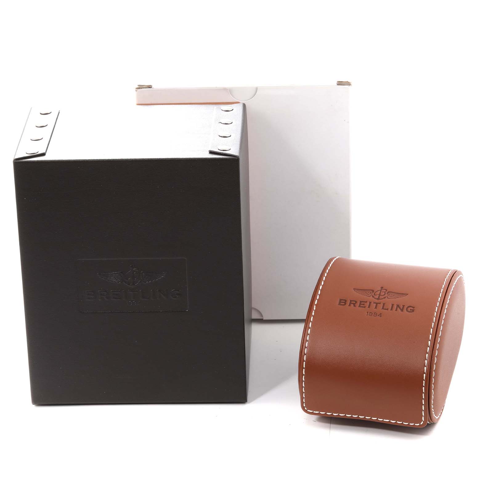 The image shows the packaging, including a black box and a brown leather case, for the Breitling Superocean U23370 Men's Steel and Gold (two tone) Black Dial U23370 Men's Steel and Gold (two tone) Black Dial watch.