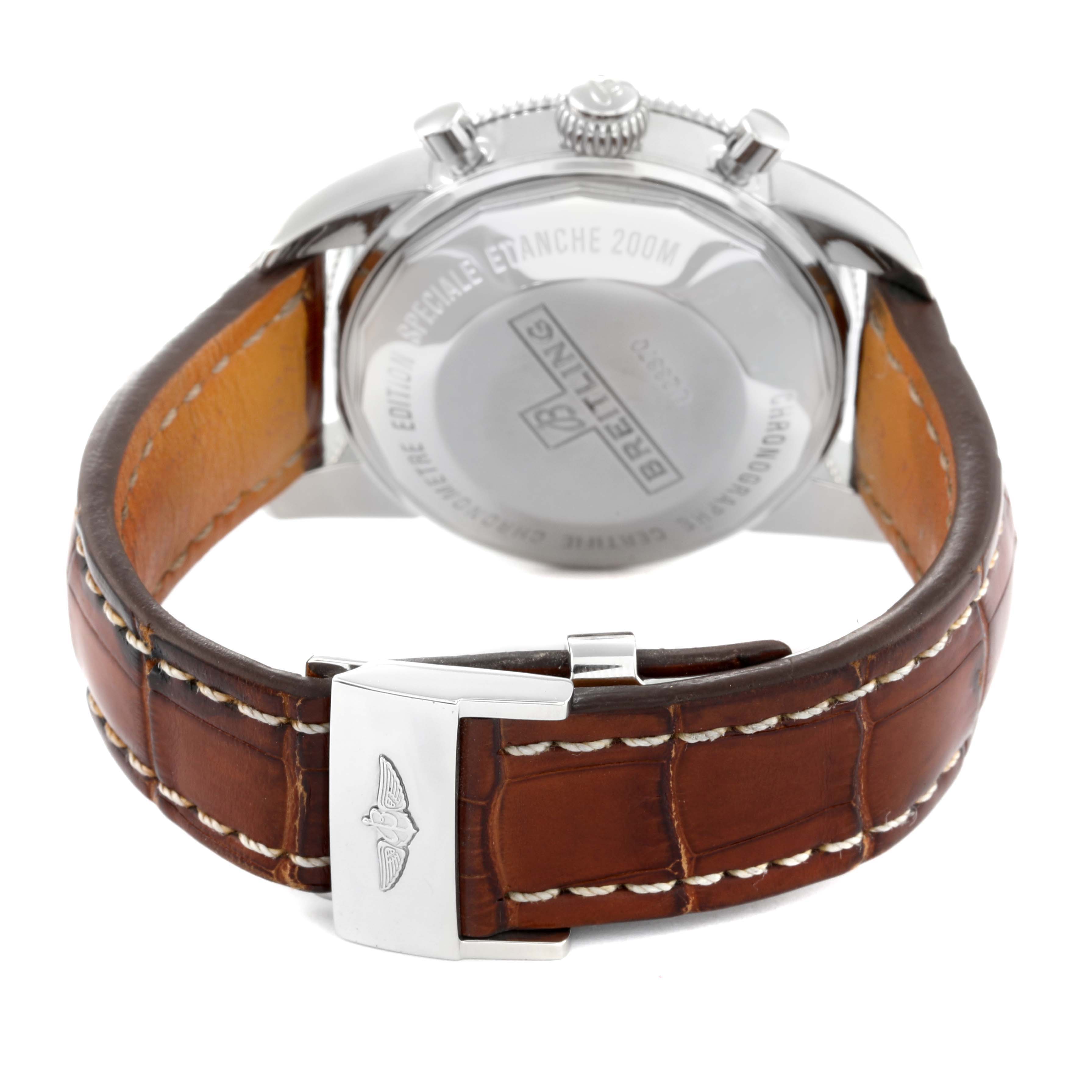 The image shows the back of a Breitling Superocean U23370 Men's Steel and Gold (two tone) Black Dial U23370 Men's Steel and Gold (two tone) Black Dial watch, highlighting the case back and brown leather strap with clasp.