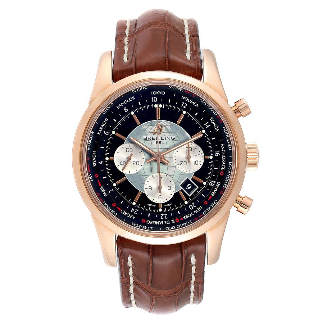 This is a front view of a Breitling Transocean RB0510U4-BB63BKLD Men
s Rose Gold Black Dial RB0510U4-BB63BKLD Men
s Rose Gold Black Dial watch with a brown leather strap and gold case.