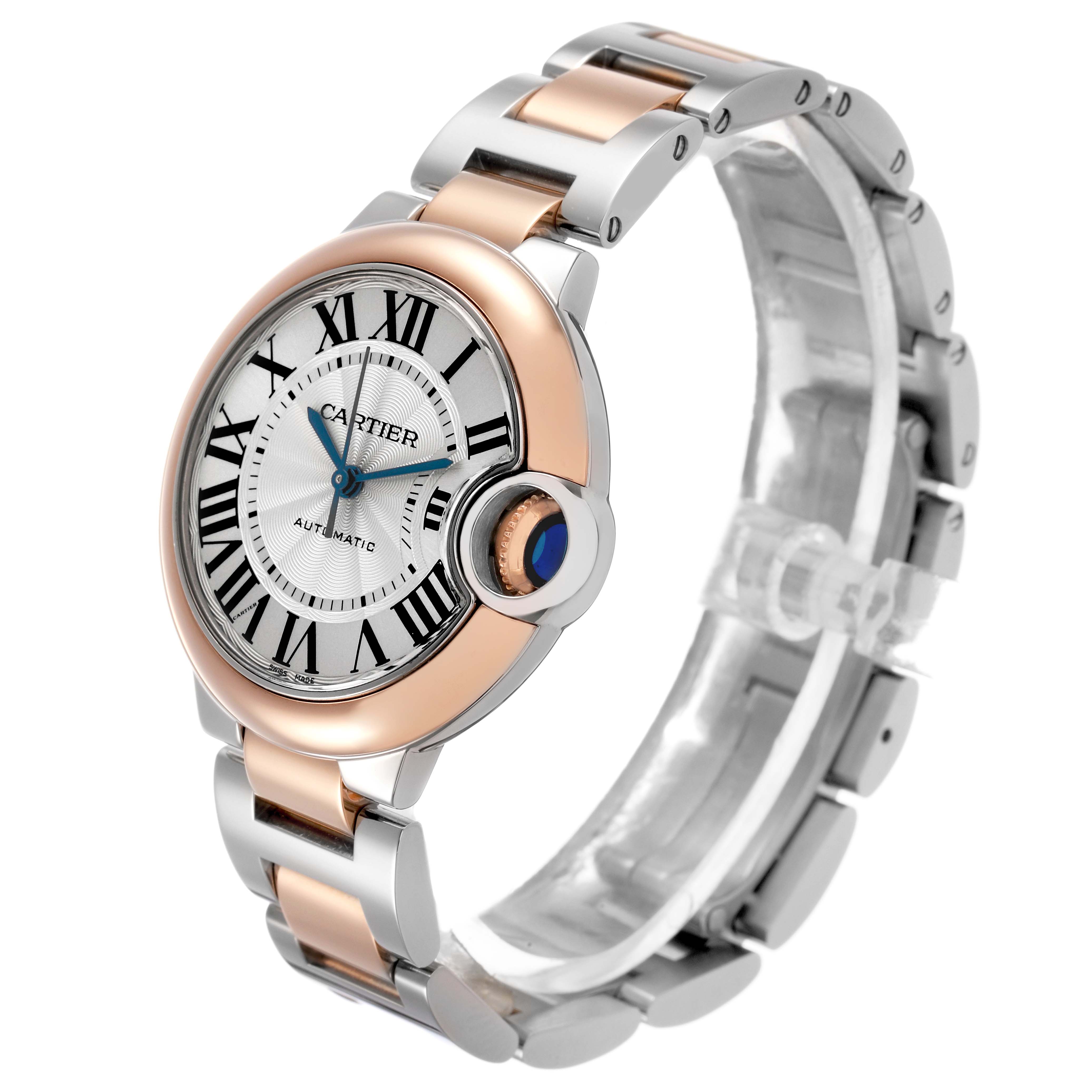 The Cartier Ballon Bleu W2BB0023 Women's Steel and Gold (two tone) Silver Dial watch is shown at a three-quarter angle, displaying its round face, prominent crown, and two-tone bracelet.