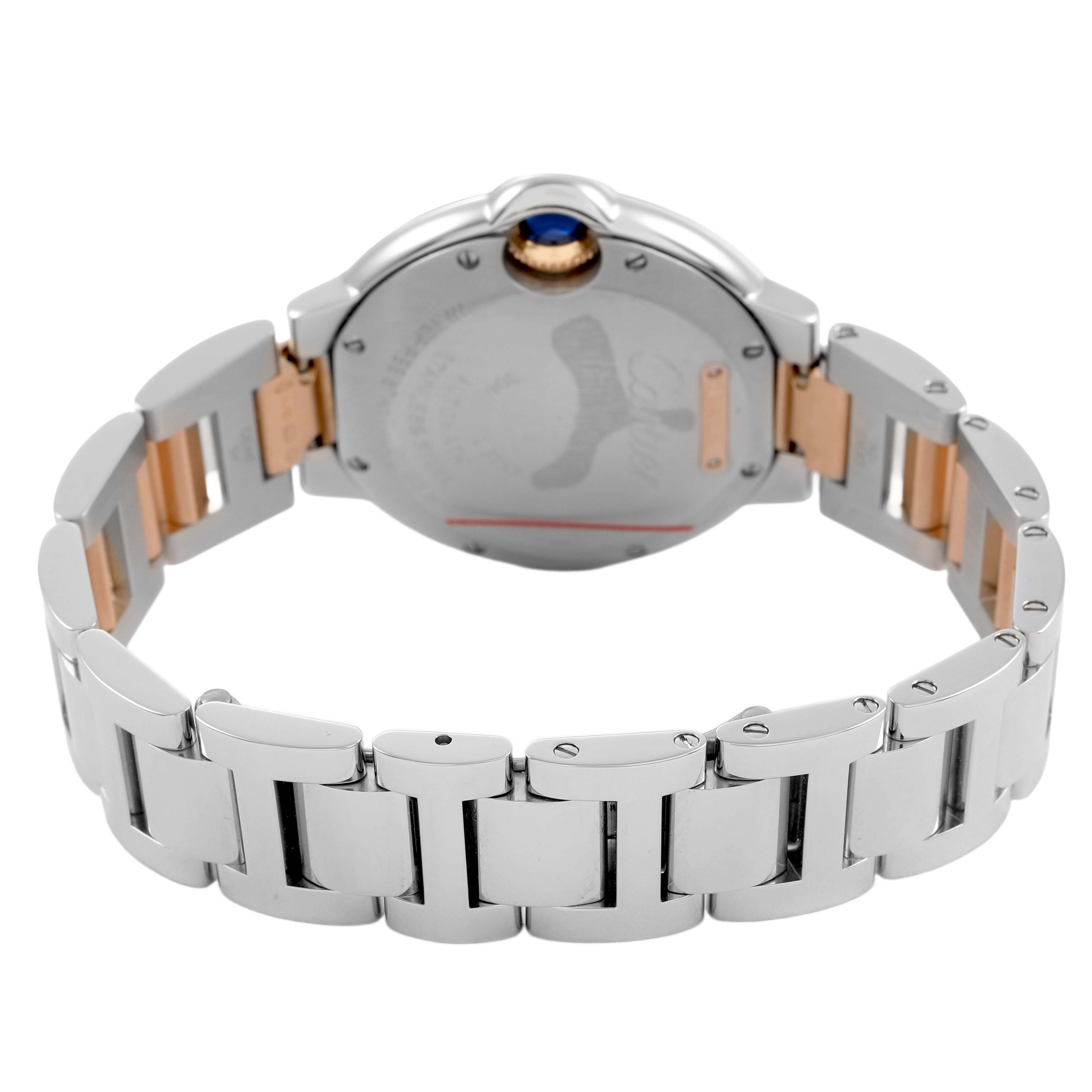 The image shows the back of a Cartier Ballon Bleu W2BB0023 Women's Steel and Gold (two tone) Silver Dial watch, highlighting the metal bracelet and case back.