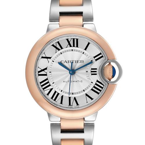 The image shows a frontal view of the Cartier Ballon Bleu W2BB0023 Women's Steel and Gold (two tone) Silver Dial watch, highlighting the face, Roman numerals, and bracelet.