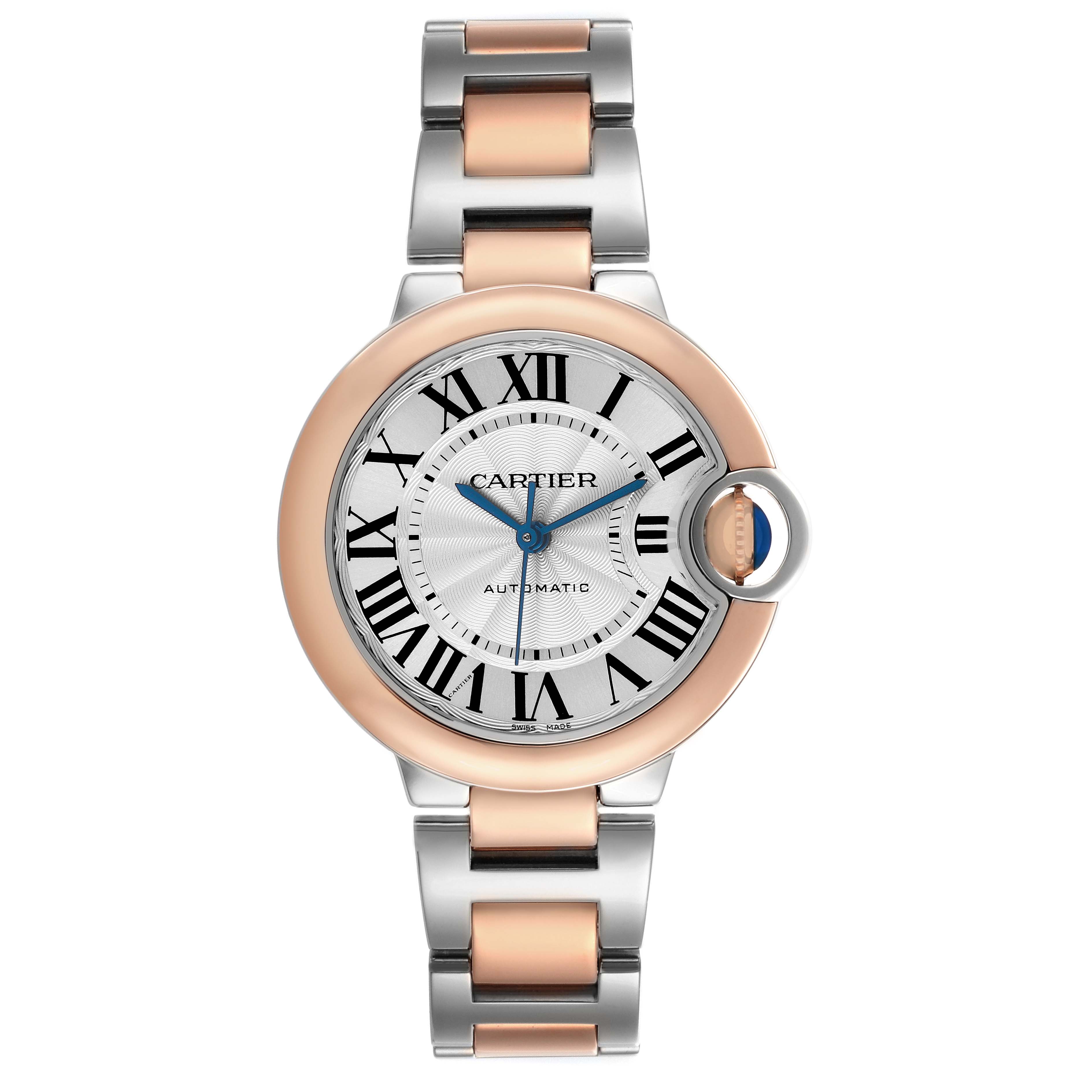 The Cartier Ballon Bleu W2BB0023 Women's Steel and Gold (two tone) Silver Dial watch is shown from a front angle, highlighting its round face, Roman numerals, and two-tone bracelet.