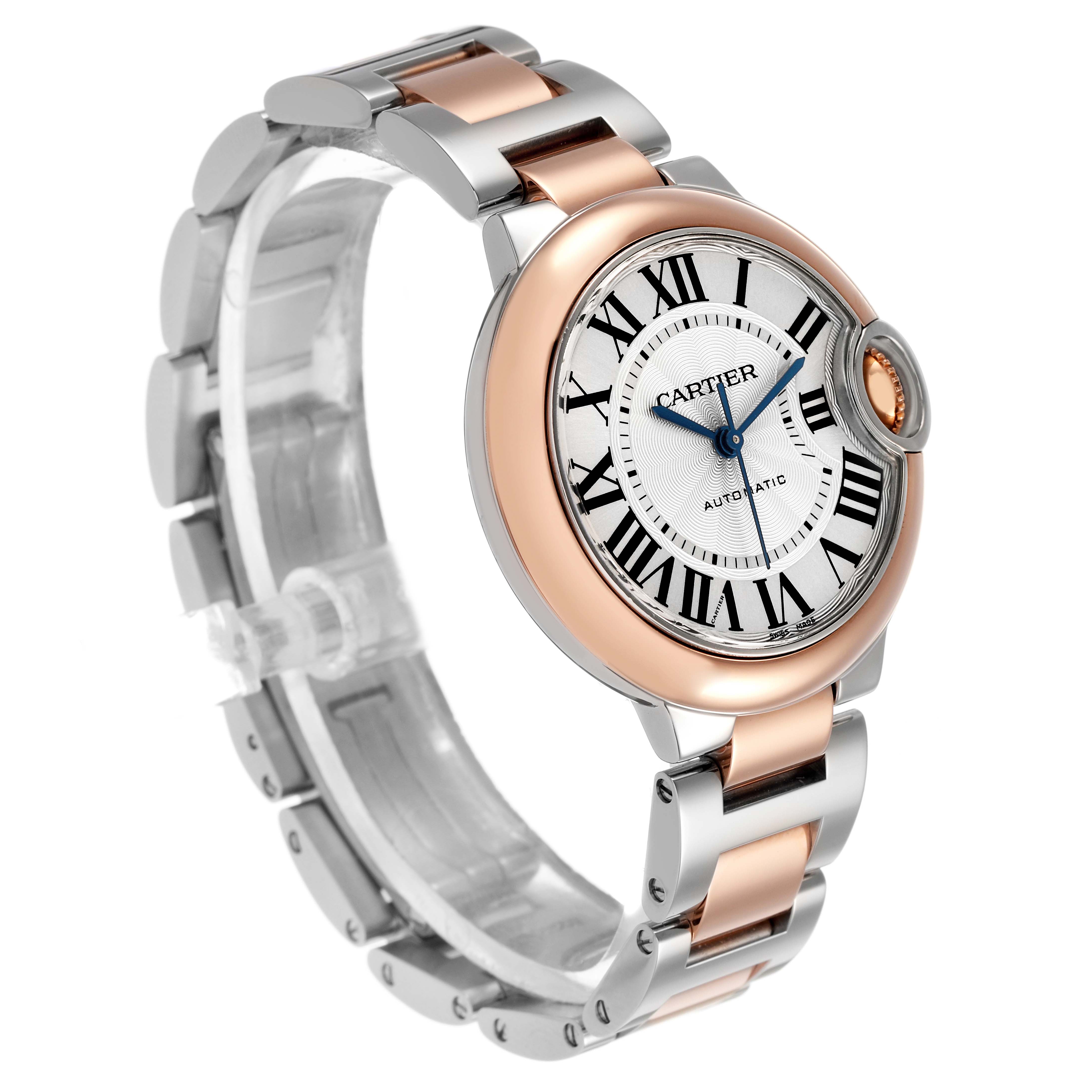 The image shows a side-angle view of a Cartier Ballon Bleu W2BB0023 Women's Steel and Gold (two tone) Silver Dial watch, highlighting the watch face, Roman numerals, and two-tone bracelet.