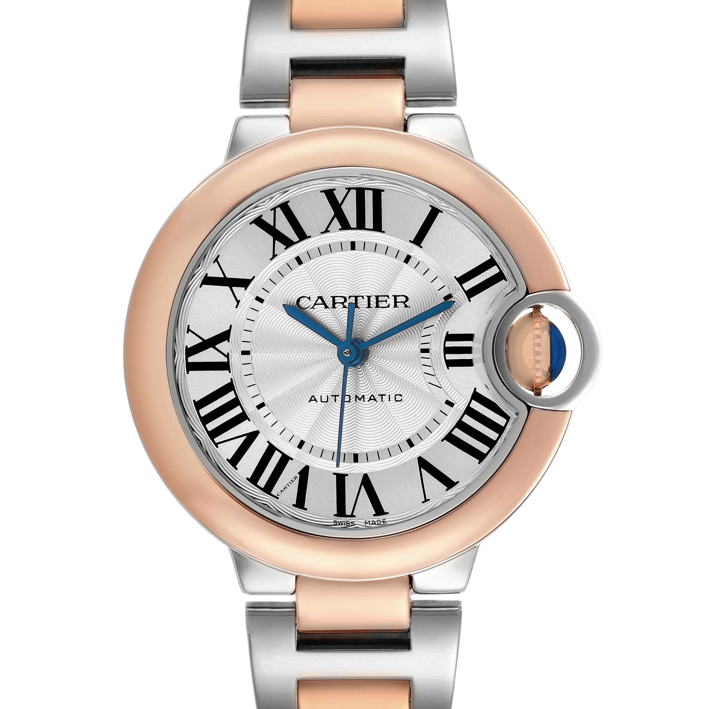 The Ballon Bleu de Cartier watch is shown from the front, displaying its round face, Roman numerals, and metallic bracelet.