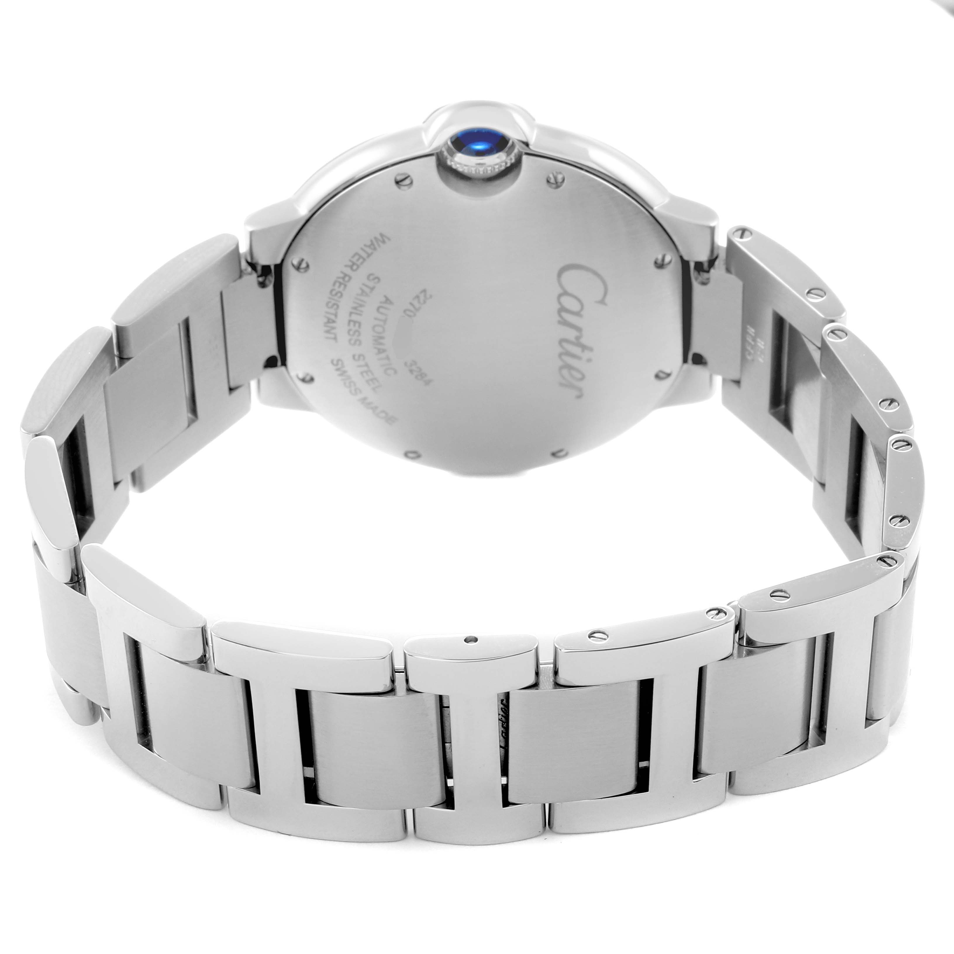 The image shows the back and bracelet of a Cartier Ballon Bleu W69017Z4 Men
s Stainless Steel Silver Dial W69017Z4 Men
s Stainless Steel Silver Dial watch at an angle, highlighting the case back and metal links.