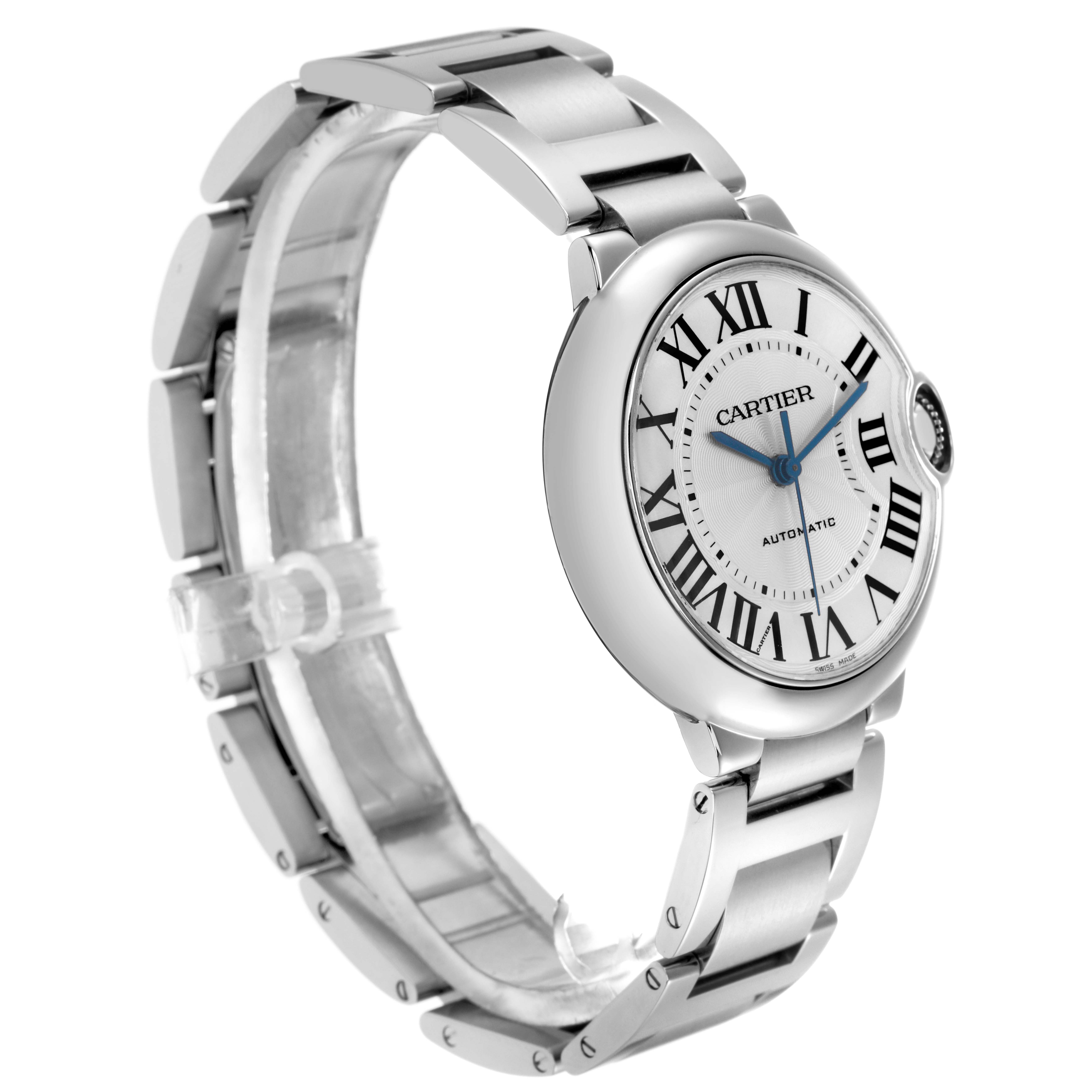 The Cartier Ballon Bleu W69017Z4 Men
s Stainless Steel Silver Dial W69017Z4 Men
s Stainless Steel Silver Dial watch is shown from a side angle, highlighting the dial, case, and metal bracelet.