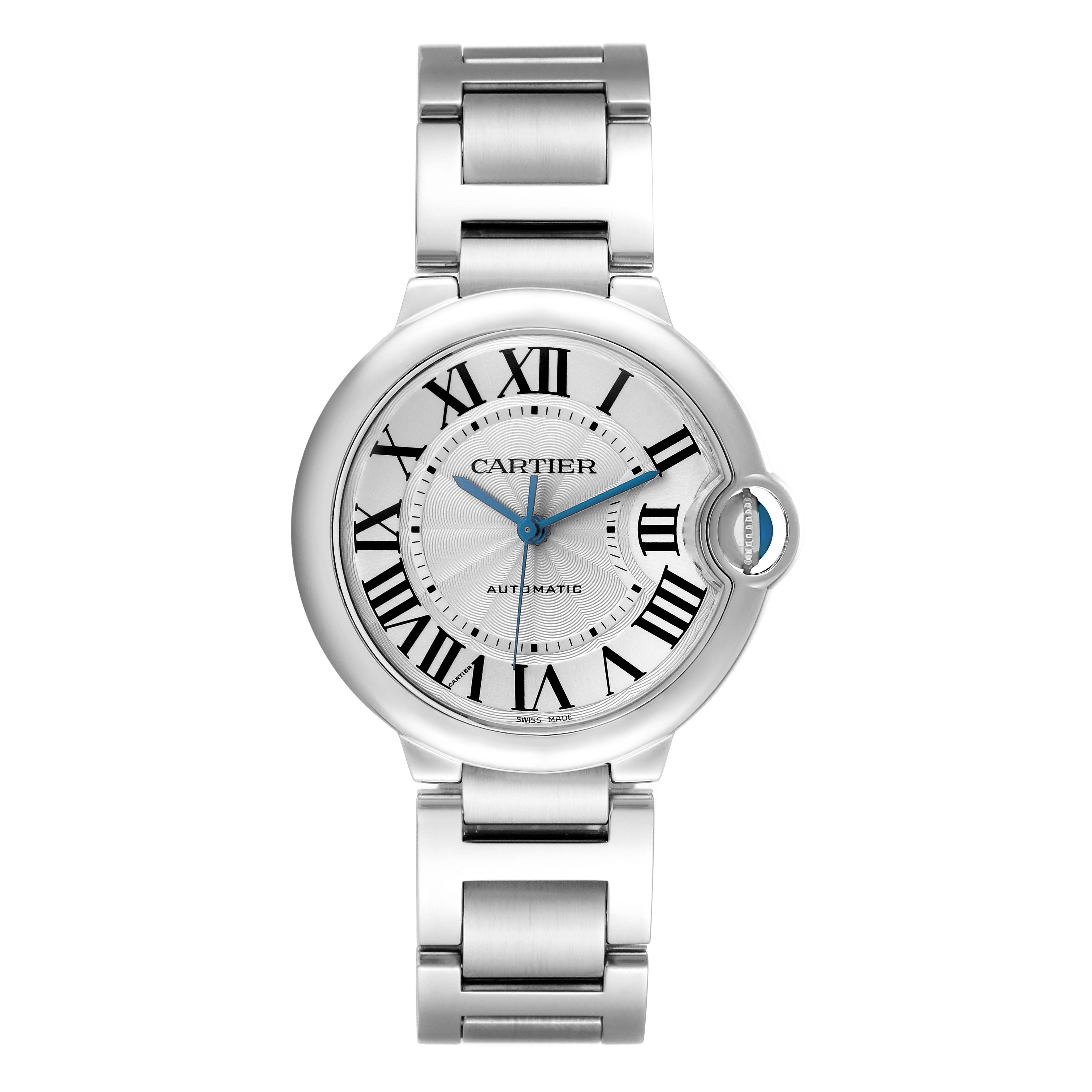 The Cartier Ballon Bleu W69017Z4 Men
s Stainless Steel Silver Dial W69017Z4 Men
s Stainless Steel Silver Dial watch is shown from a top view, displaying the face, Roman numerals, and metal bracelet bands.