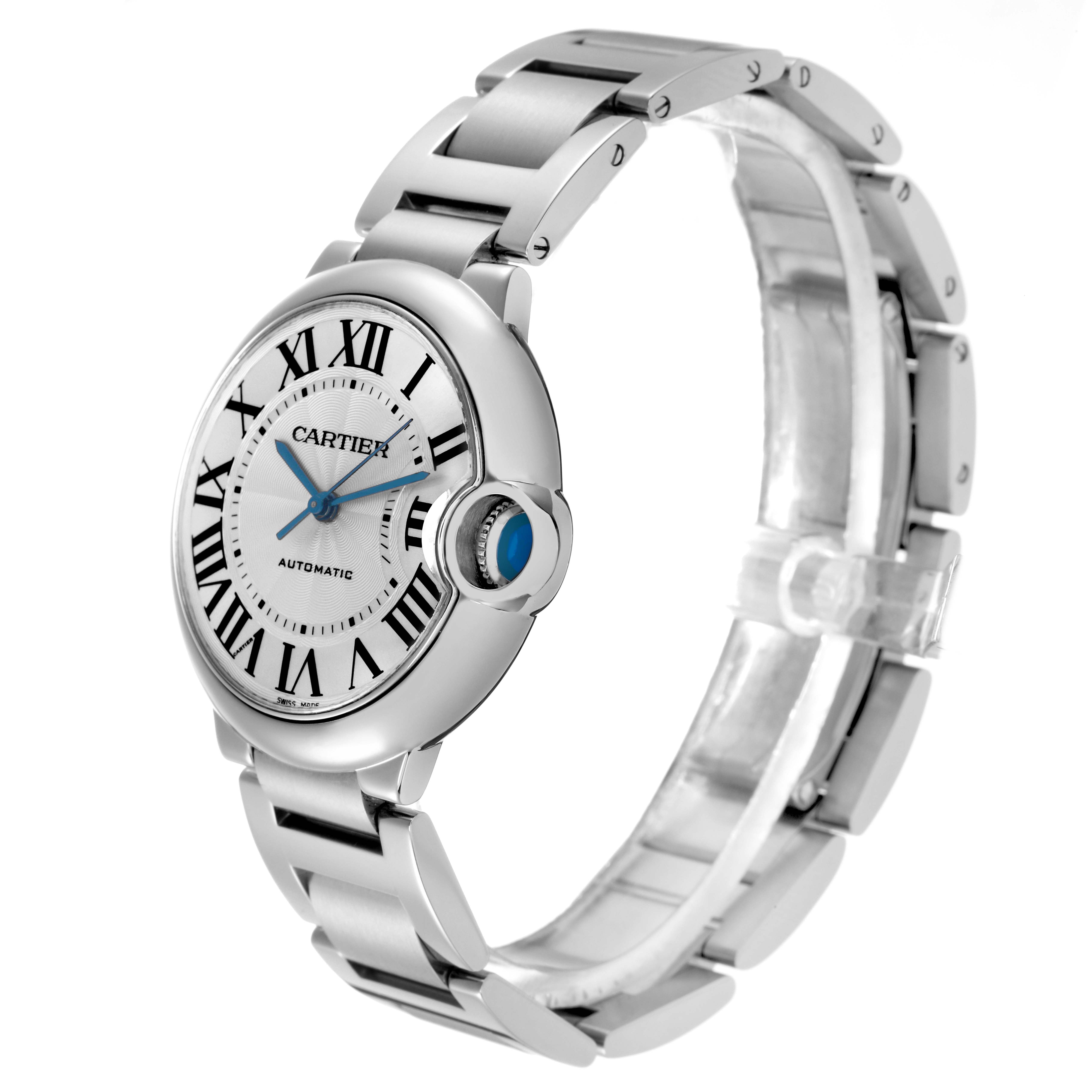 The Cartier Ballon Bleu W69017Z4 Men
s Stainless Steel Silver Dial W69017Z4 Men
s Stainless Steel Silver Dial watch is shown at a three-quarter angle, highlighting the dial, bezel, crown, and full bracelet.