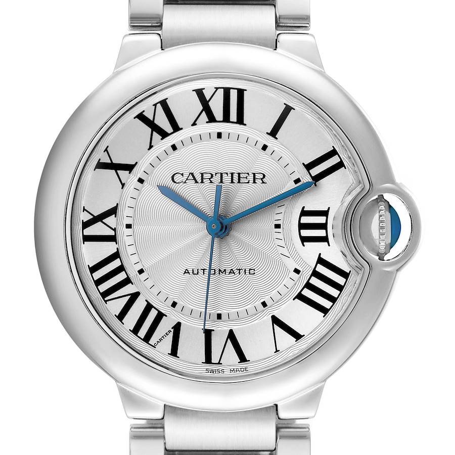 The Cartier Ballon Bleu watch is shown from a front angle, highlighting the dial, crown, and part of the bracelet.