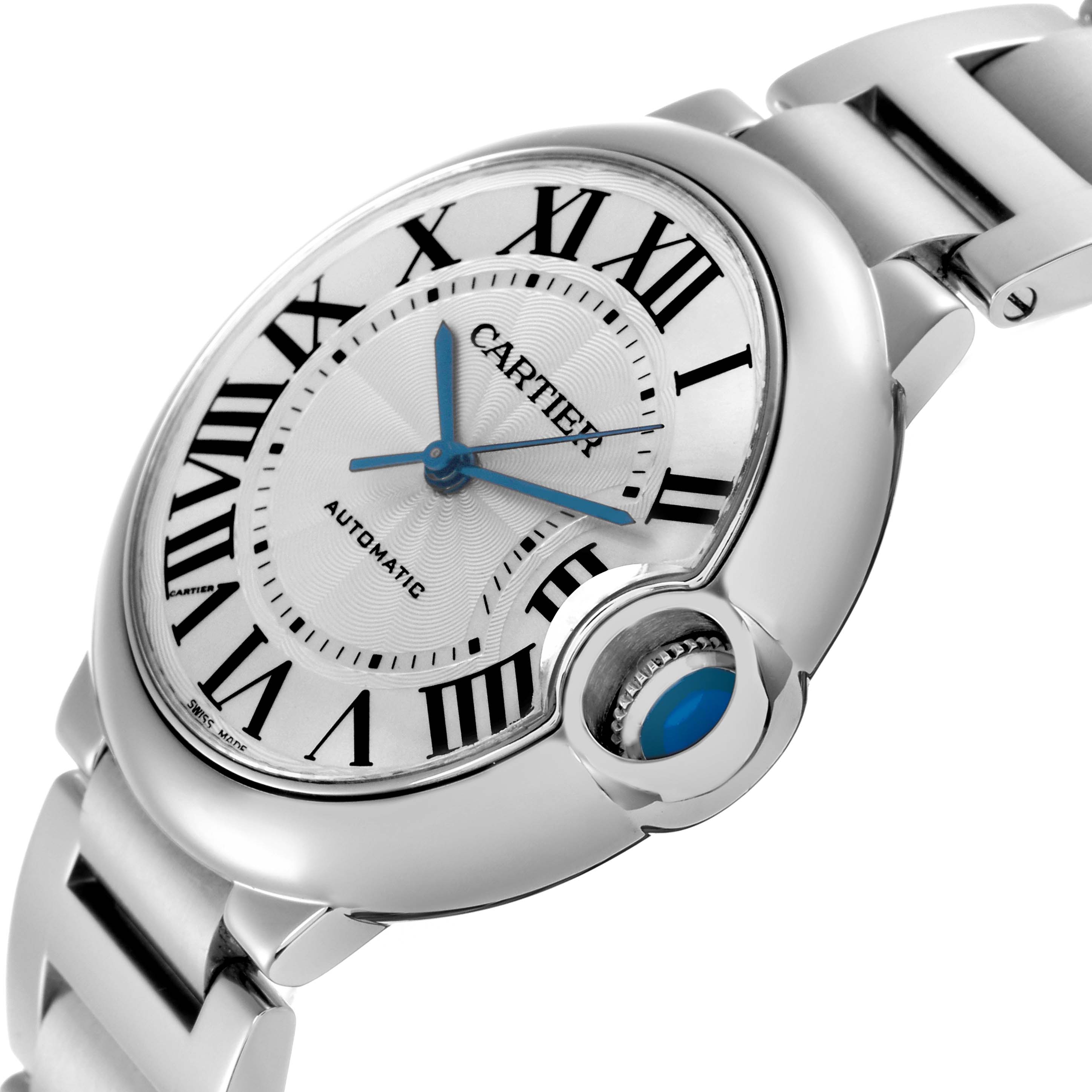 The image shows a side angle view of the Cartier Ballon Bleu W69017Z4 Men
s Stainless Steel Silver Dial W69017Z4 Men
s Stainless Steel Silver Dial watch highlighting its silver dial, Roman numerals, and blue cabochon crown.