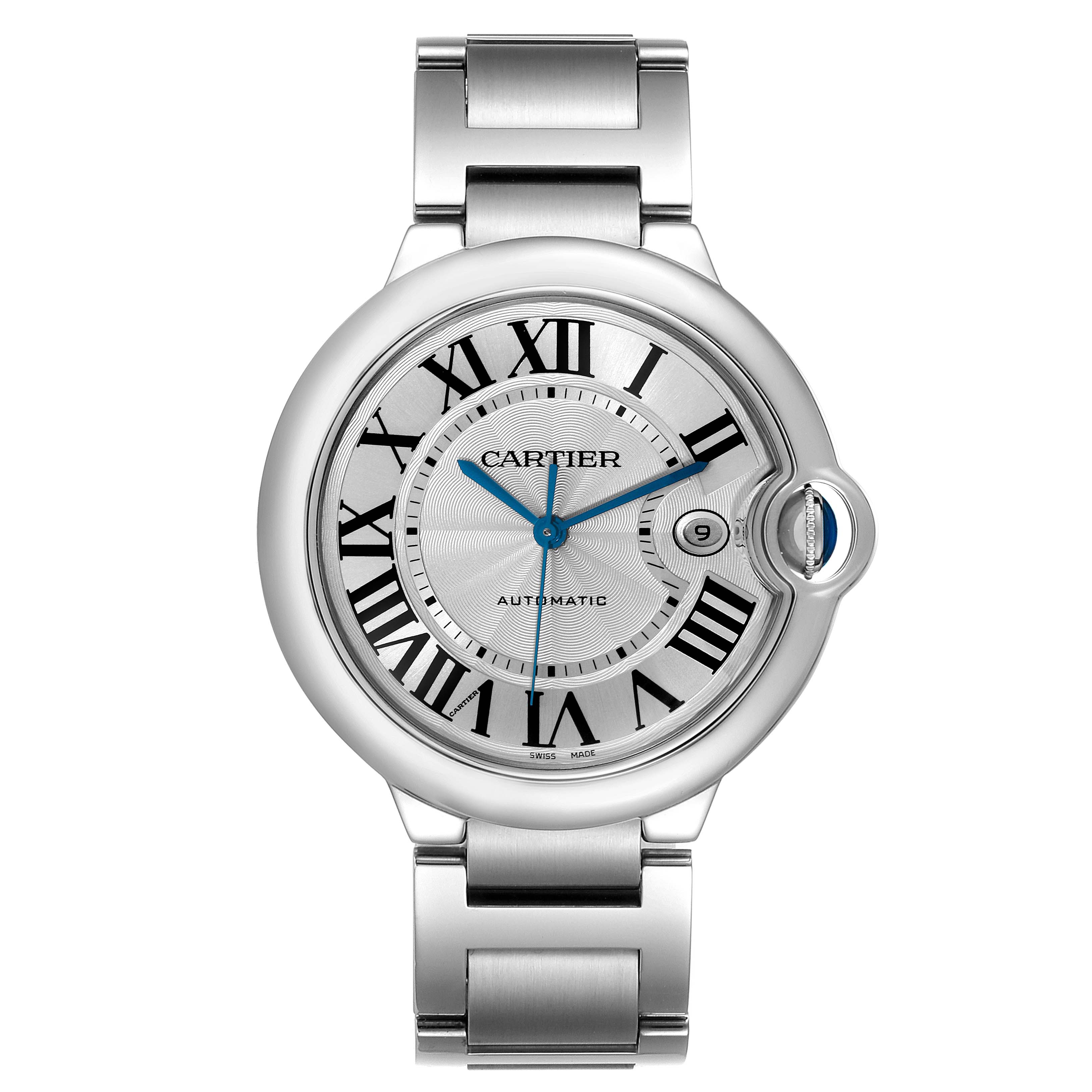 The image shows a frontal view of the Cartier Ballon Bleu W69012Z4 Men's Stainless Steel Silver Dial W69012Z4 Men's Stainless Steel Silver Dial watch, displaying its face, roman numerals, and metal bracelet.
