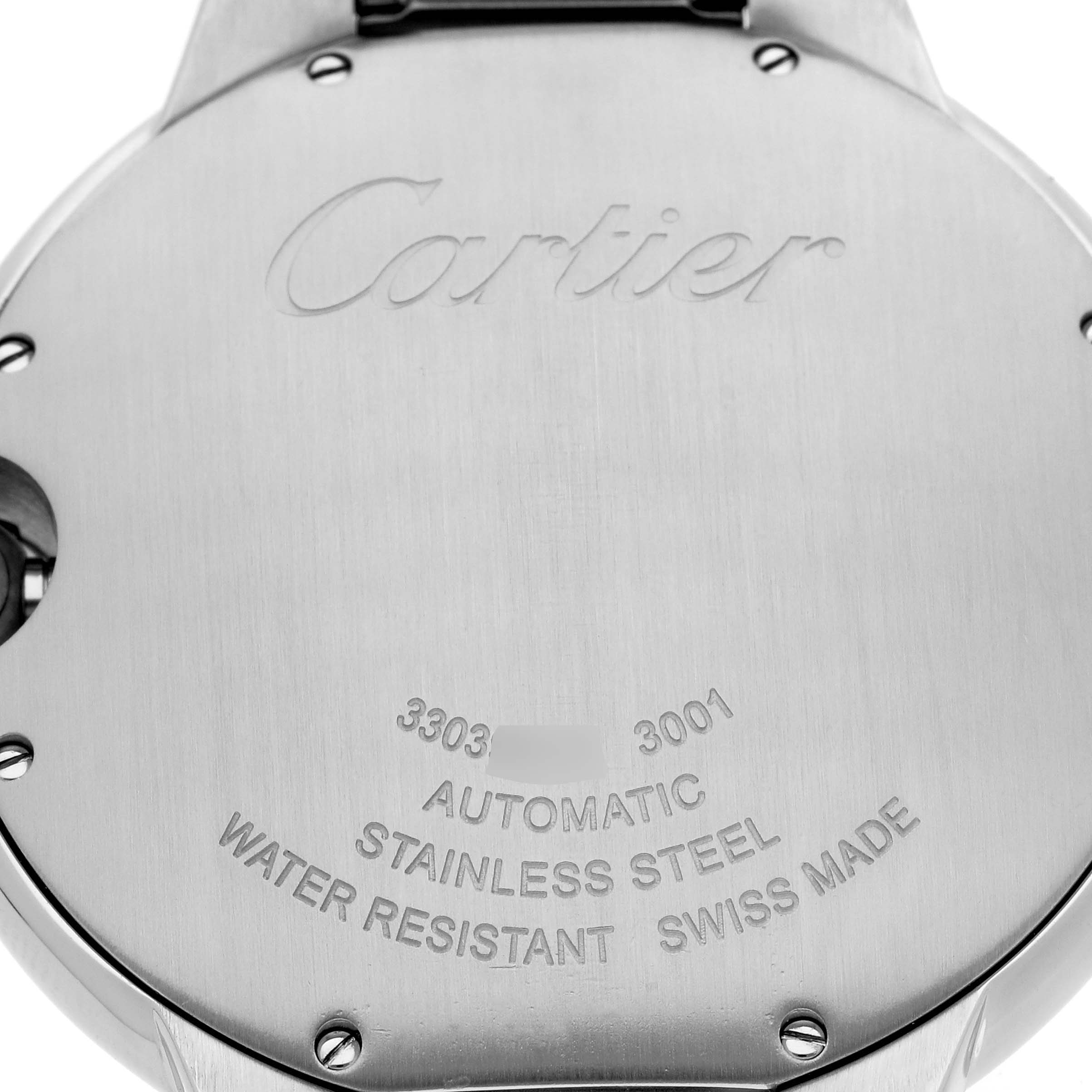 This image shows the back side of a Cartier Ballon Bleu W69012Z4 Men's Stainless Steel Silver Dial W69012Z4 Men's Stainless Steel Silver Dial watch, displaying the brand name, model details, and specifications.