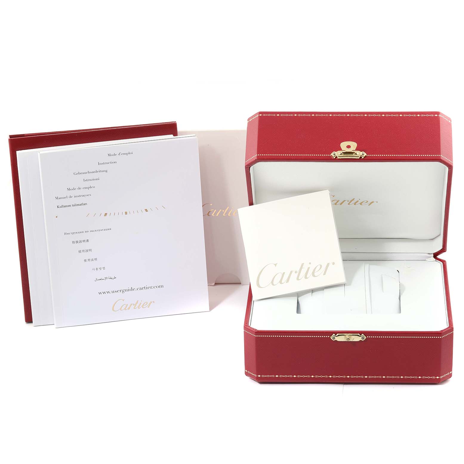 The image shows the packaging and manuals for the Cartier Ballon Bleu W69012Z4 Men's Stainless Steel Silver Dial W69012Z4 Men's Stainless Steel Silver Dial model, with a red box and white documents.