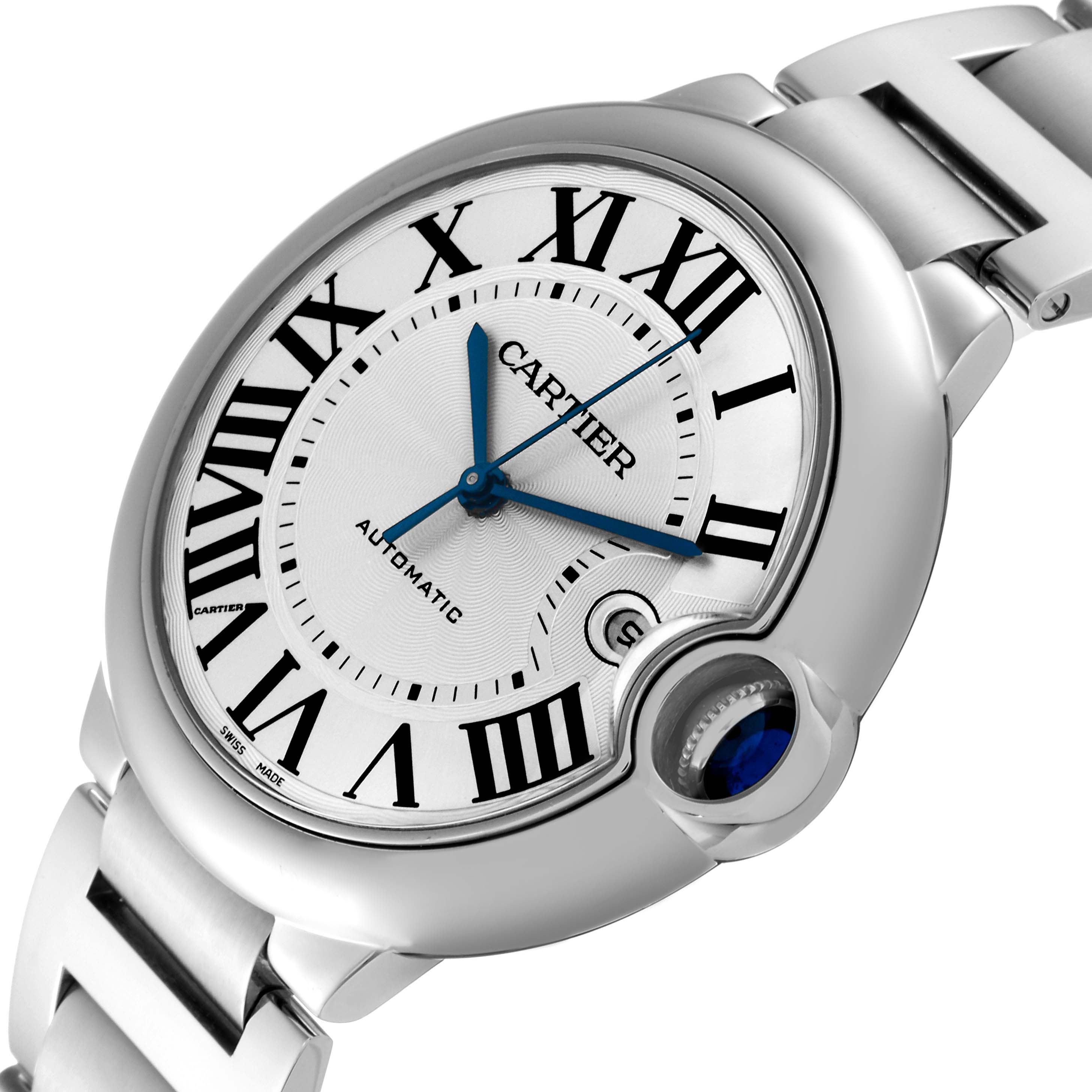 The image shows a close-up view of a Cartier Ballon Bleu W69012Z4 Men's Stainless Steel Silver Dial W69012Z4 Men's Stainless Steel Silver Dial watch, highlighting its face, Roman numerals, blue hands, and crown with a blue gem.