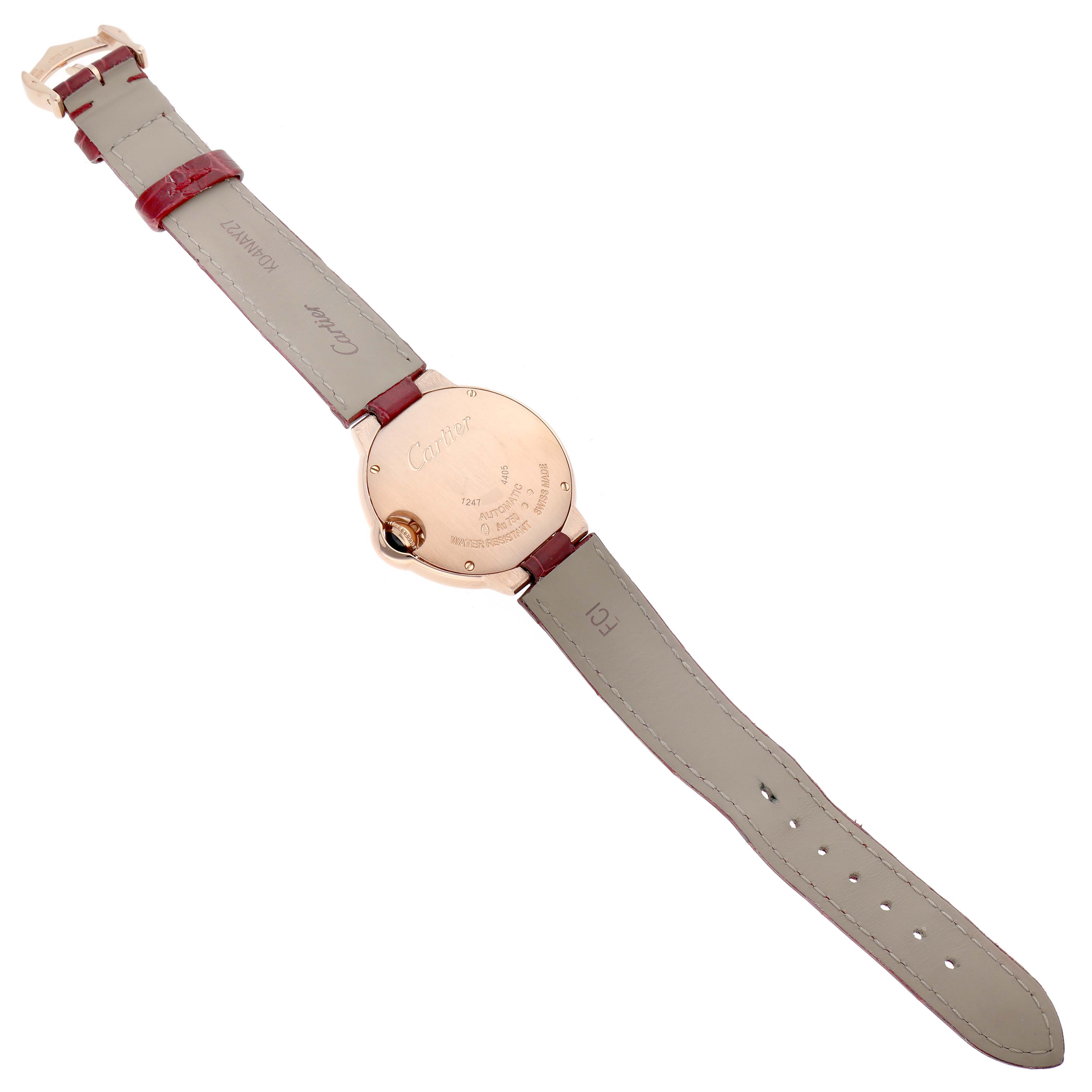 The image shows the back view of a Cartier Ballon Bleu WJBB0033 Women's Rose Gold Silver Dial WJBB0033 Women's Rose Gold Silver Dial watch, highlighting the straps and case back.