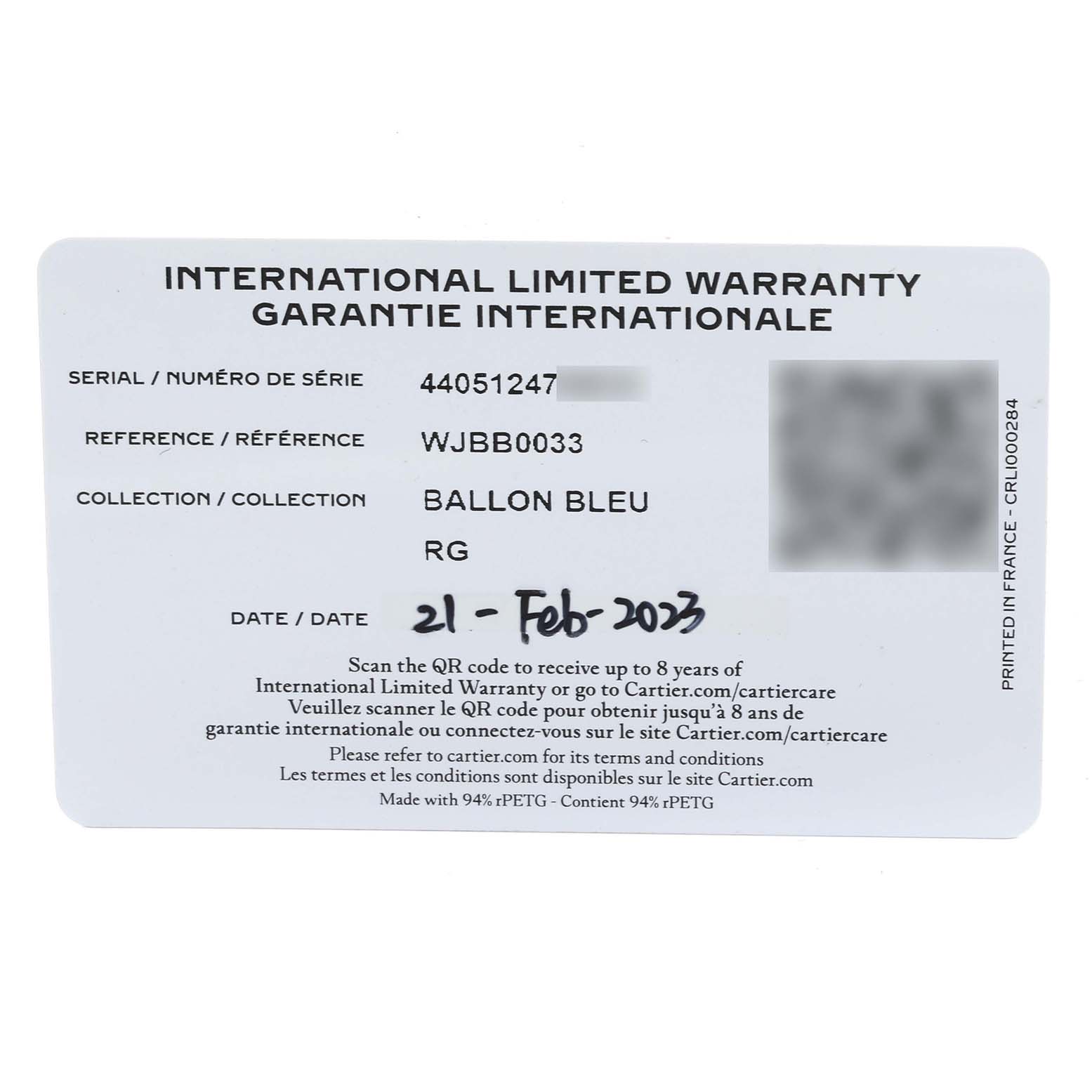 The image shows the International Limited Warranty card for the Cartier Ballon Bleu WJBB0033 Women's Rose Gold Silver Dial WJBB0033 Women's Rose Gold Silver Dial model.