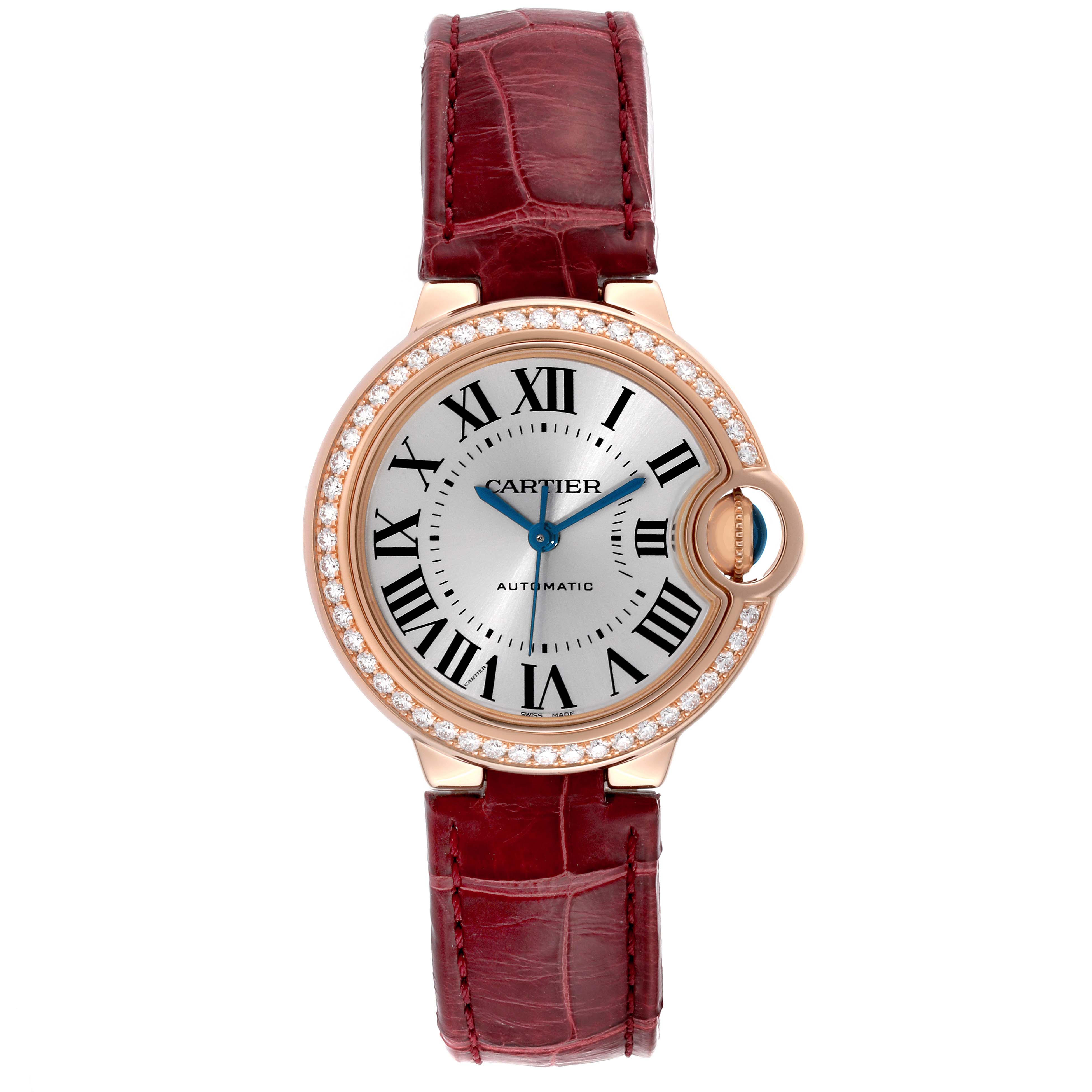 The image shows a front view of the Cartier Ballon Bleu WJBB0033 Women's Rose Gold Silver Dial WJBB0033 Women's Rose Gold Silver Dial watch, featuring a red leather strap and a diamond-encrusted bezel.