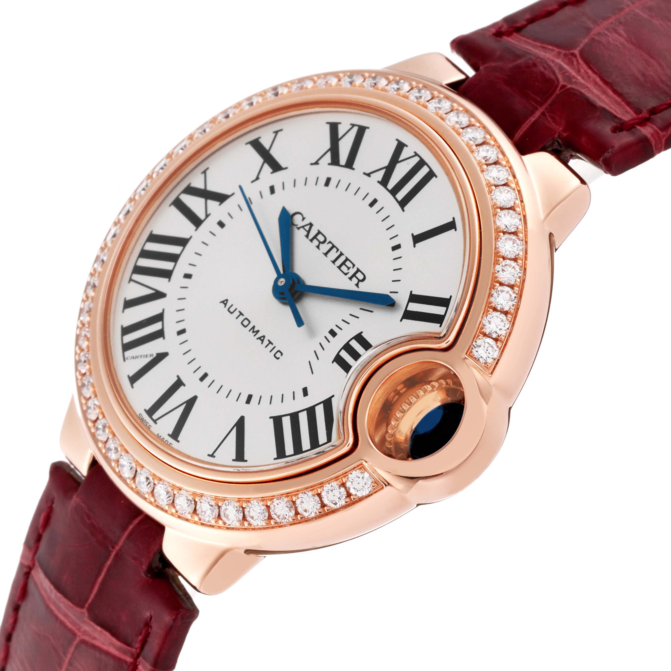 The image shows a close-up angled view of the Cartier Ballon Bleu WJBB0033 Women's Rose Gold Silver Dial WJBB0033 Women's Rose Gold Silver Dial watch face and strap attachment. 