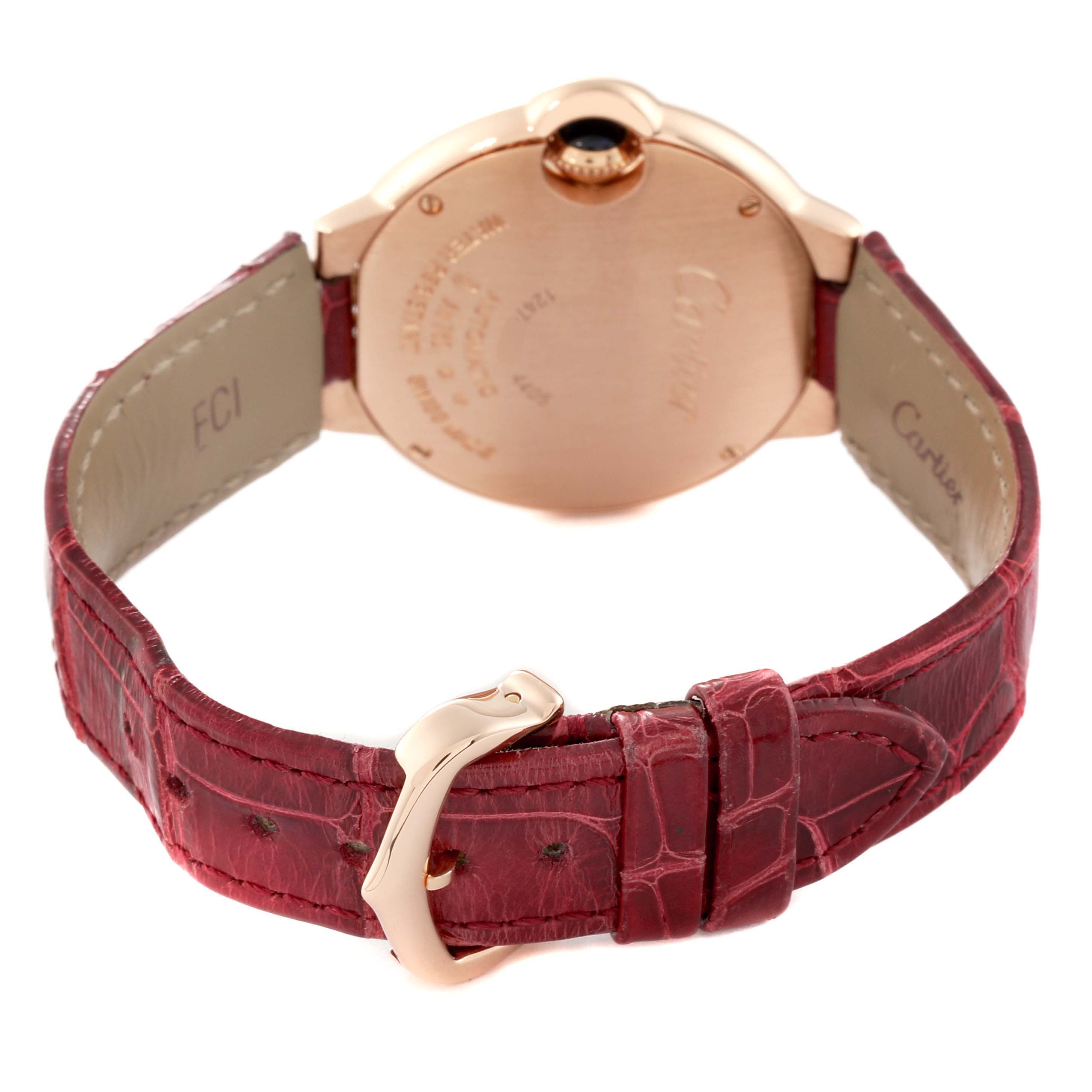 The image shows the back and clasp of a Cartier Ballon Bleu WJBB0033 Women's Rose Gold Silver Dial WJBB0033 Women's Rose Gold Silver Dial watch with a red leather strap.