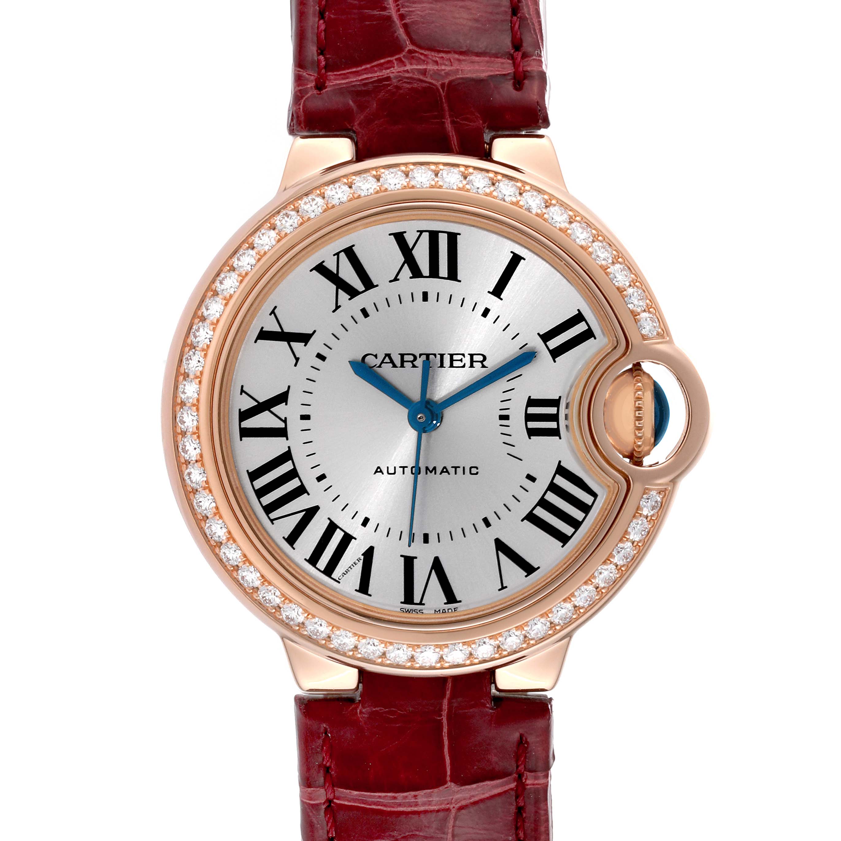 The image shows a front view of a Cartier Ballon Bleu WJBB0033 Women's Rose Gold Silver Dial WJBB0033 Women's Rose Gold Silver Dial watch, featuring a diamond bezel and red leather strap.