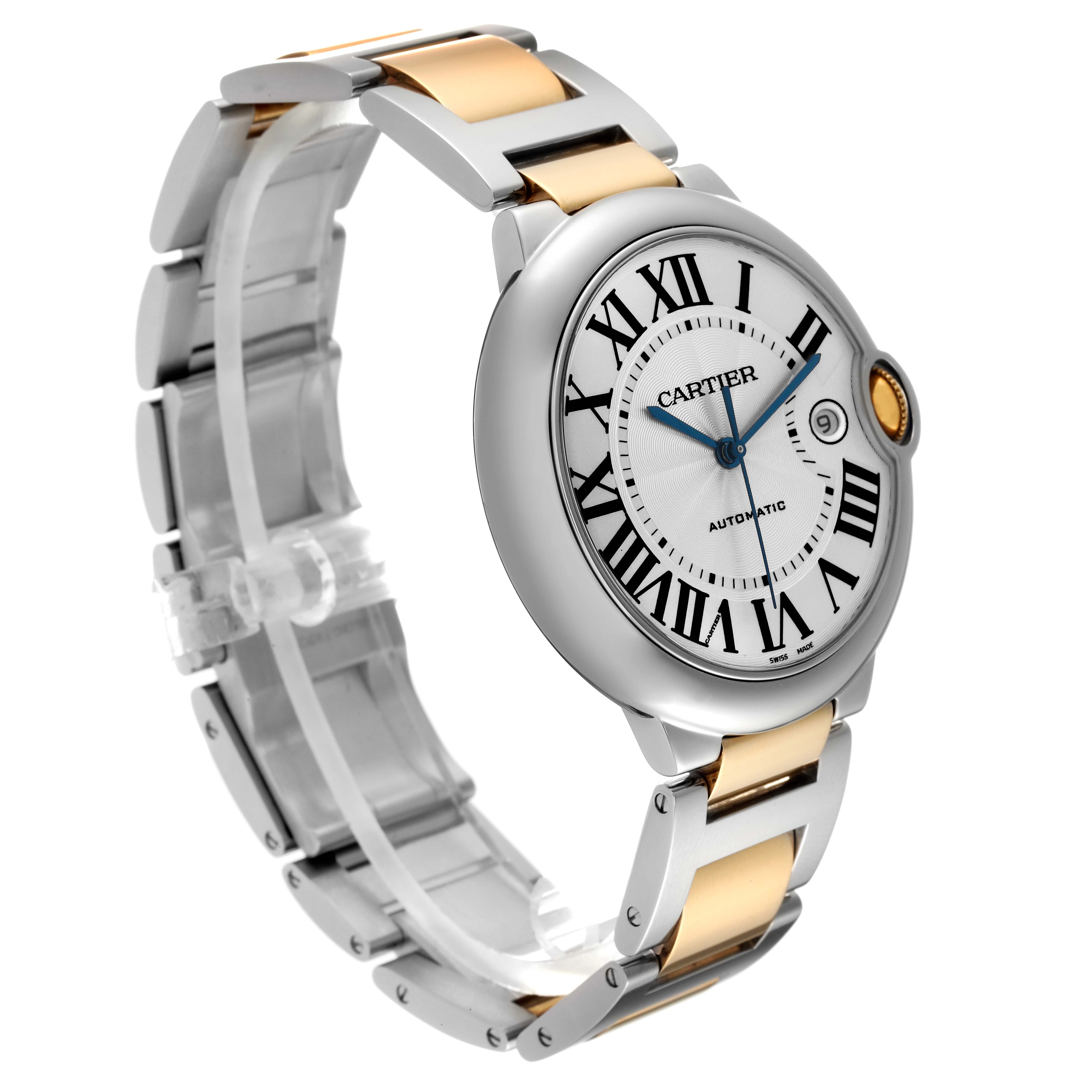 The image displays a Cartier Ballon Bleu W69009Z3 Men's Steel and Gold (two tone) Silver Dial W69009Z3 Men's Steel and Gold (two tone) Silver Dial watch at a three-quarter angle, showing its face and bicolor metal bracelet.
