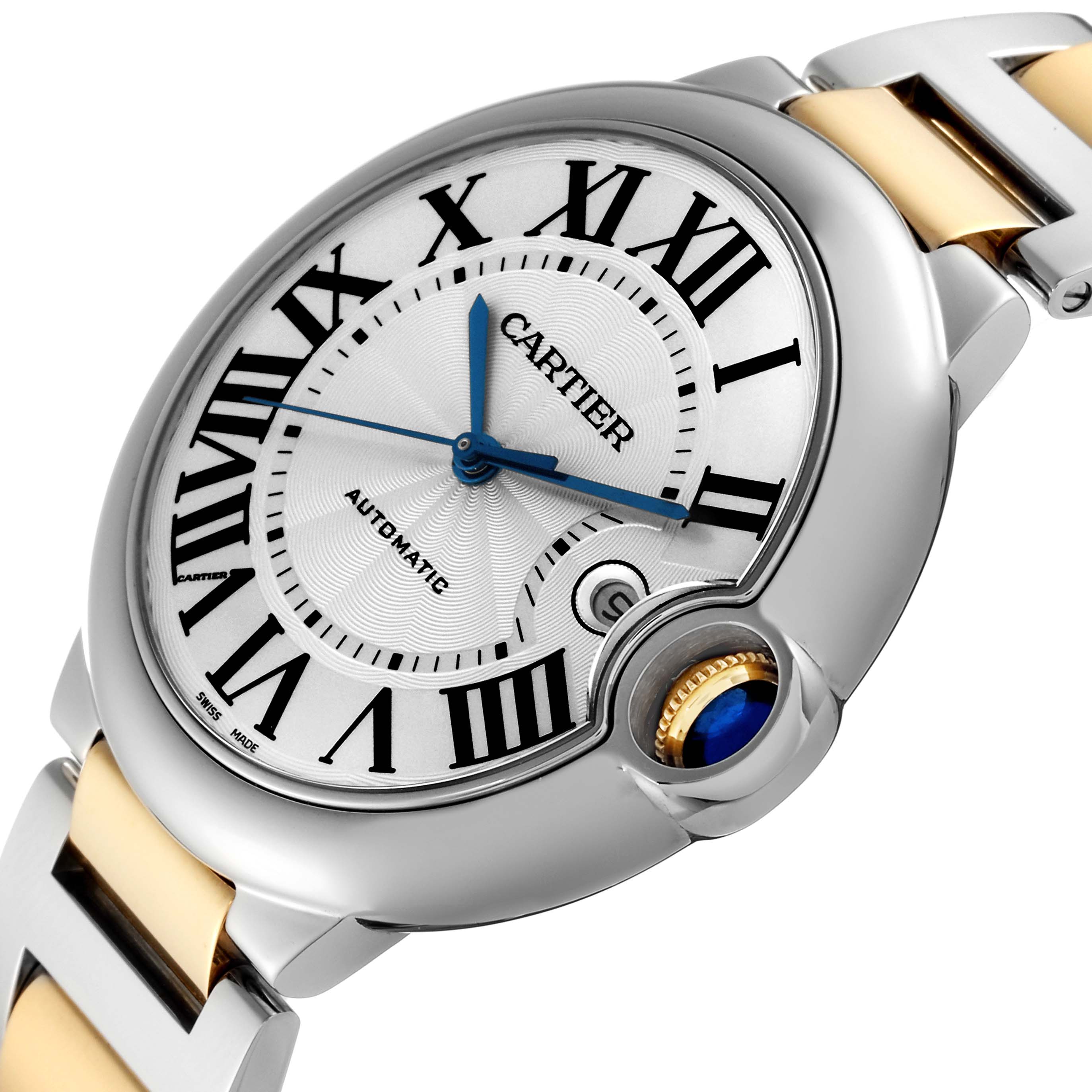 This Ballon Bleu by Cartier watch is shown from a close-up, angled view highlighting the face, crown, and part of the bracelet.