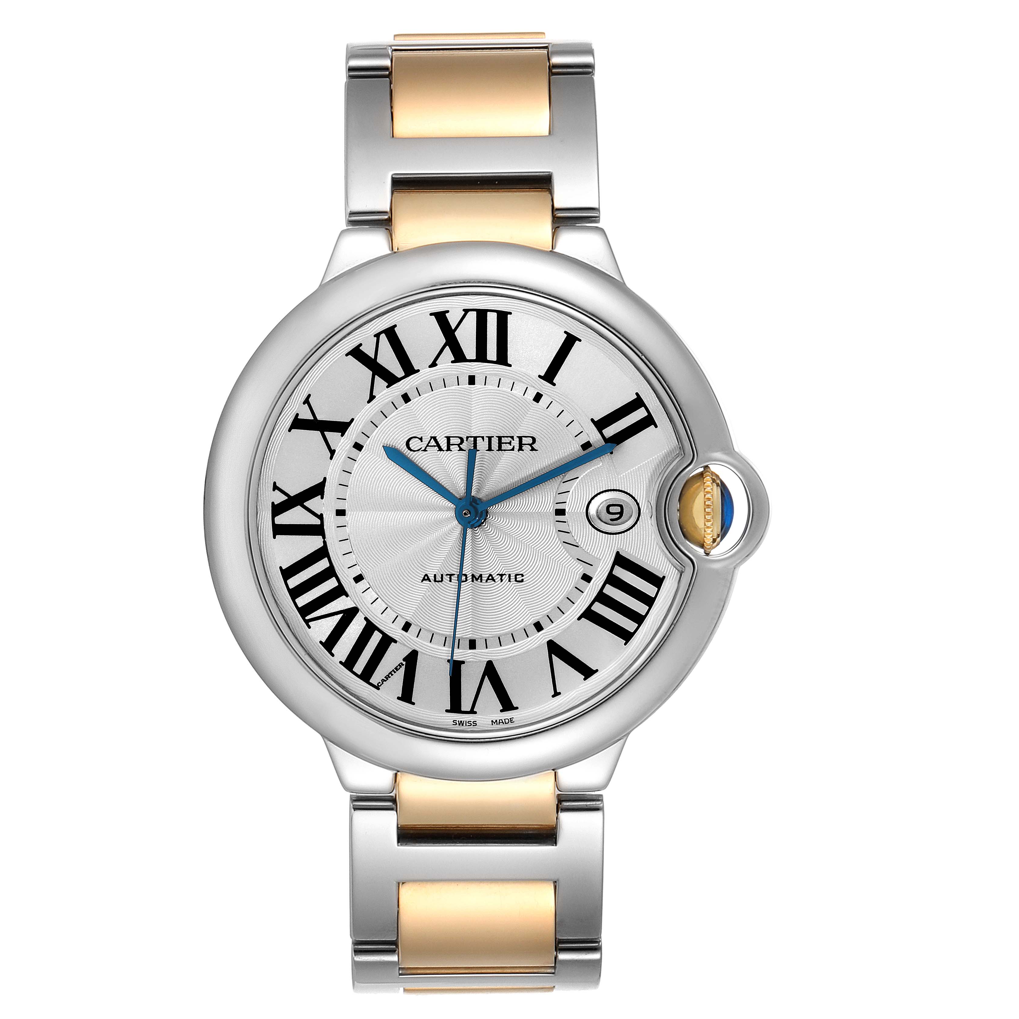 This image shows a front view of a Ballon Bleu de Cartier watch, highlighting its dial, hands, bracelet, and distinctive crown.