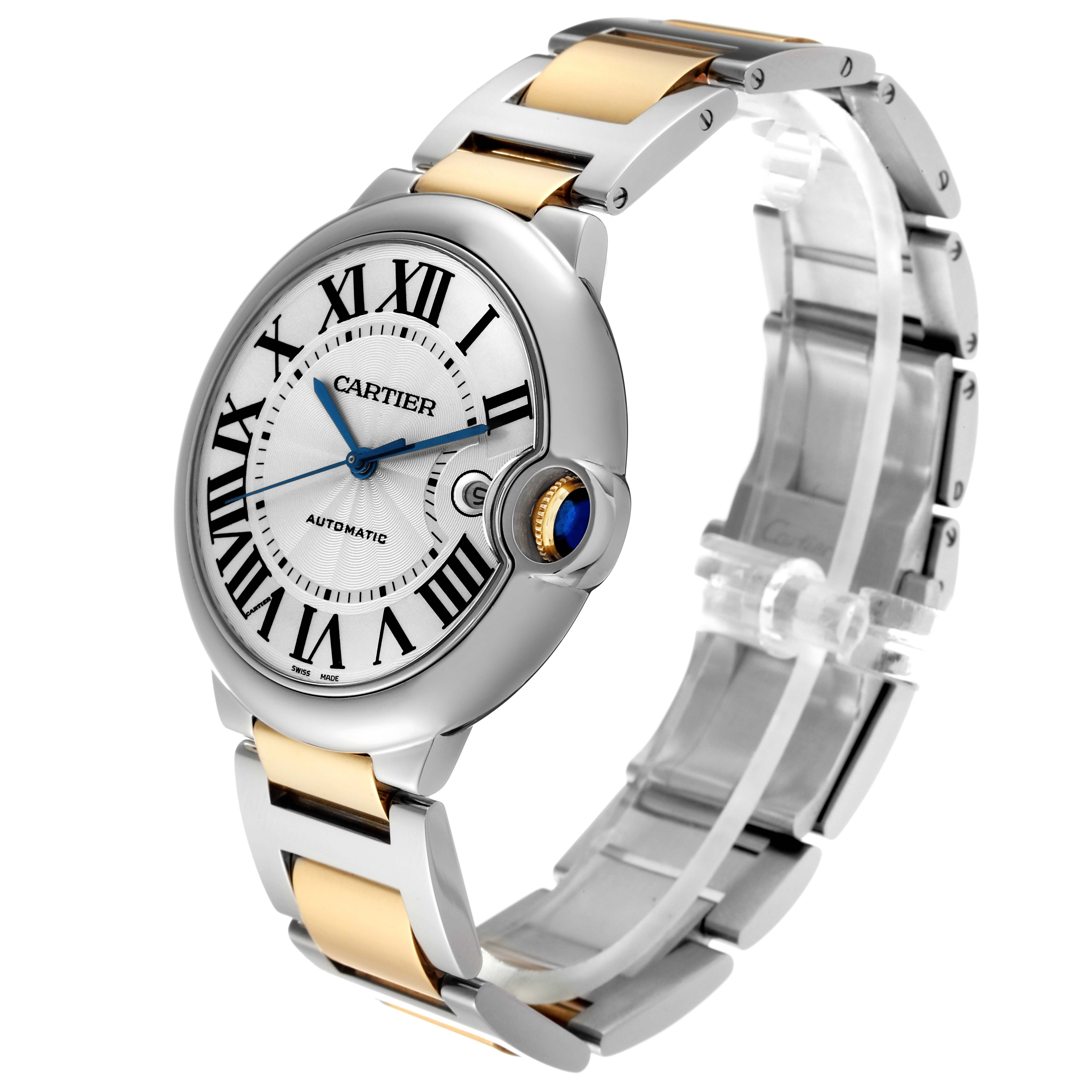 The image shows the Ballon Bleu model by Cartier at a slight angle, displaying the watch face, crown, and metal bracelet.