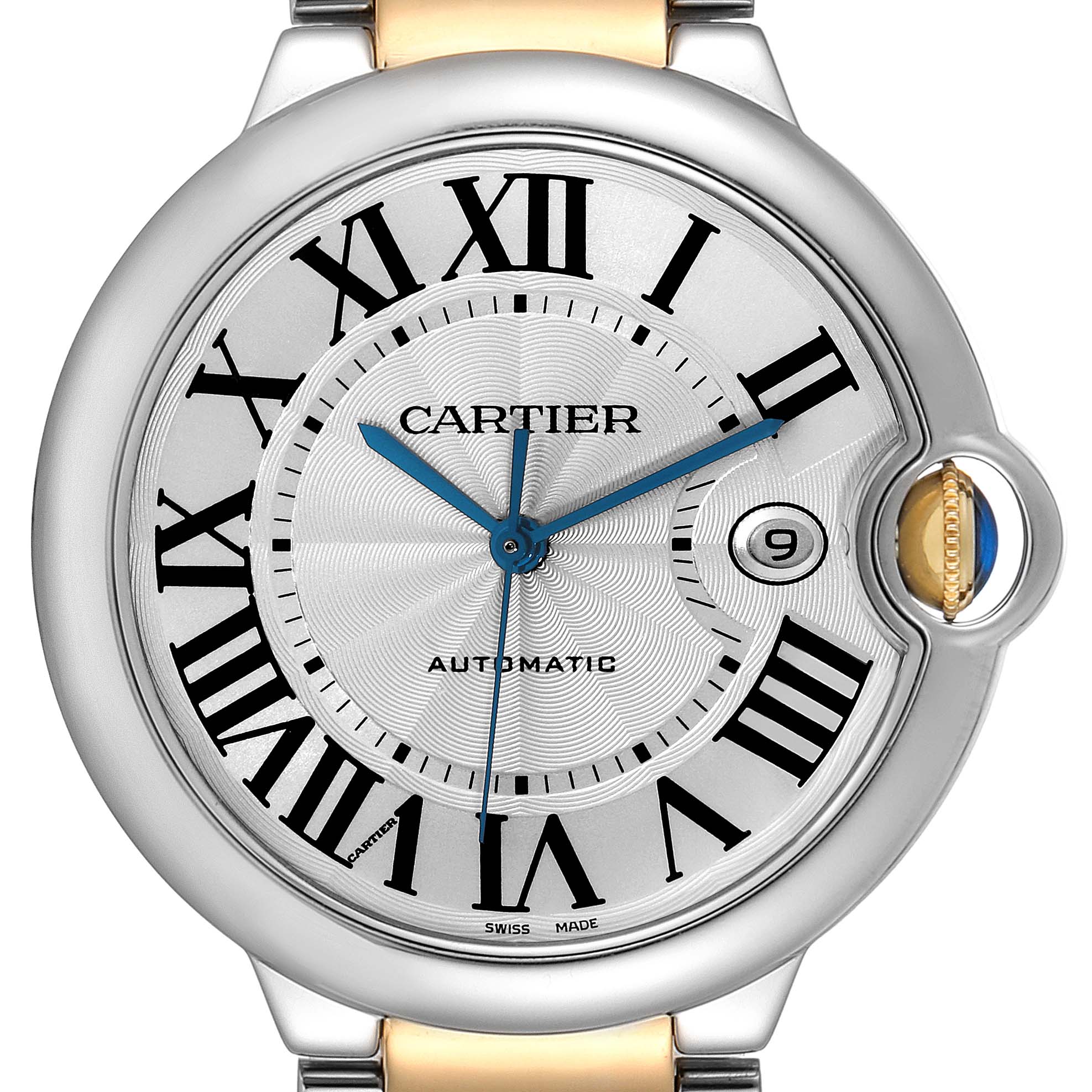 Close-up of the Cartier Ballon Bleu W69009Z3 Men's Steel and Gold (two tone) Silver Dial W69009Z3 Men's Steel and Gold (two tone) Silver Dial watch showing the dial, Roman numerals, blue hands, and crown with a sapphire cabochon.