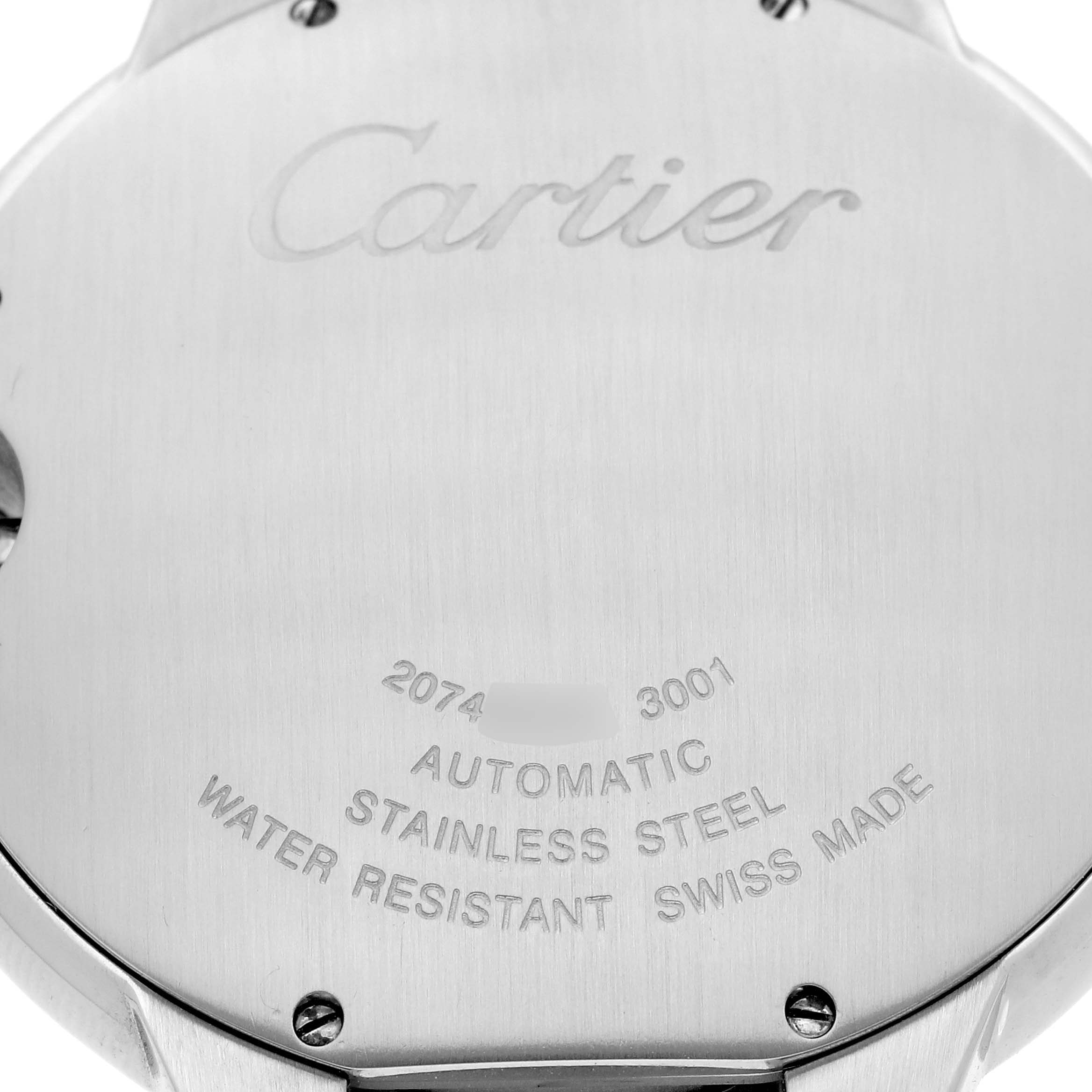 The image shows the back case of a Ballon Bleu model watch by Cartier, displaying engravings and manufacturing details.